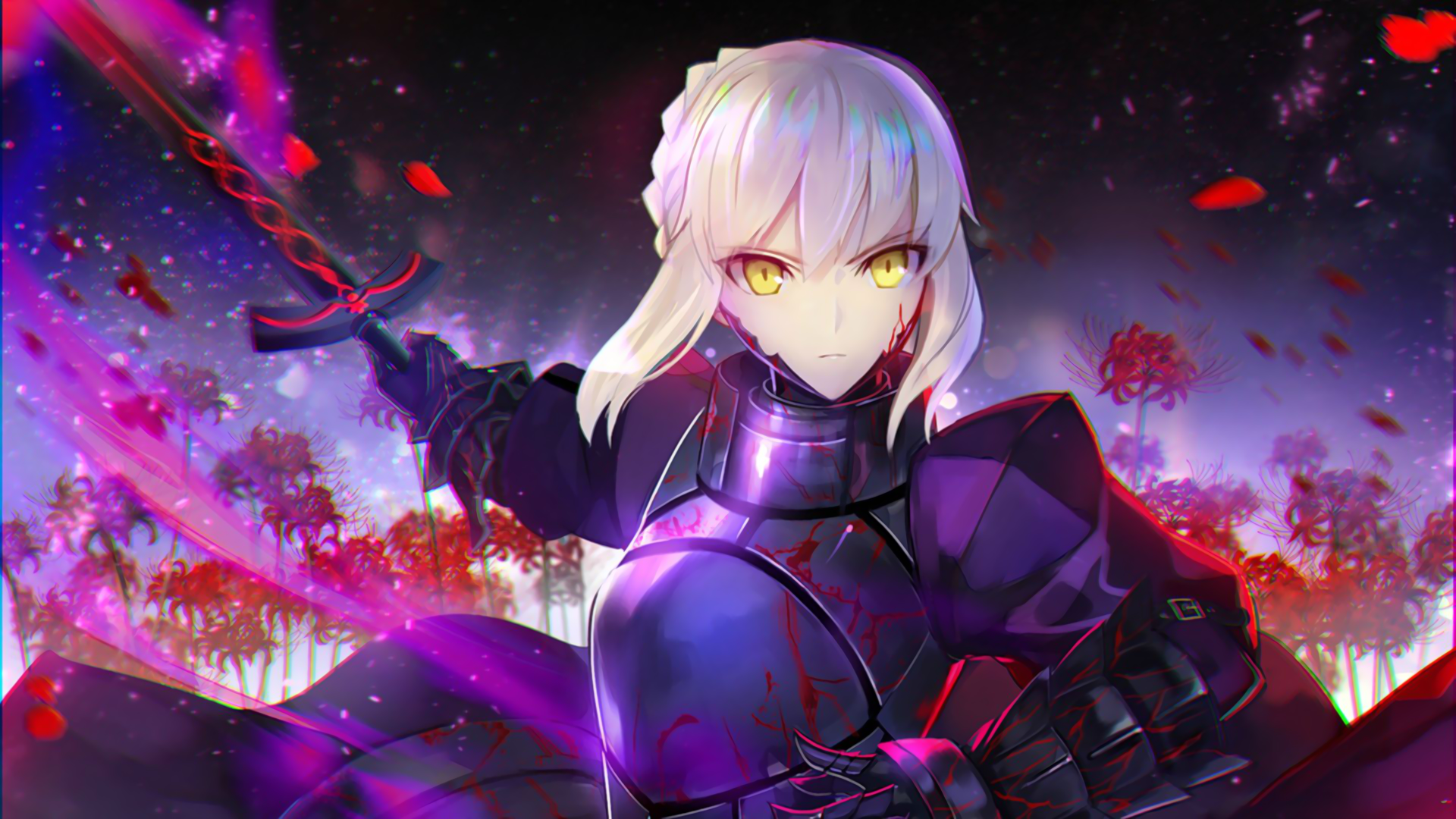 Anime 1920x1080 Fate series anime anime girls armor sword Saber Alter Artoria Pendragon Fate/Stay Night Astarone fantasy art fantasy girl girls with guns women with swords yellow eyes fantasy armor looking at viewer white hair weapon