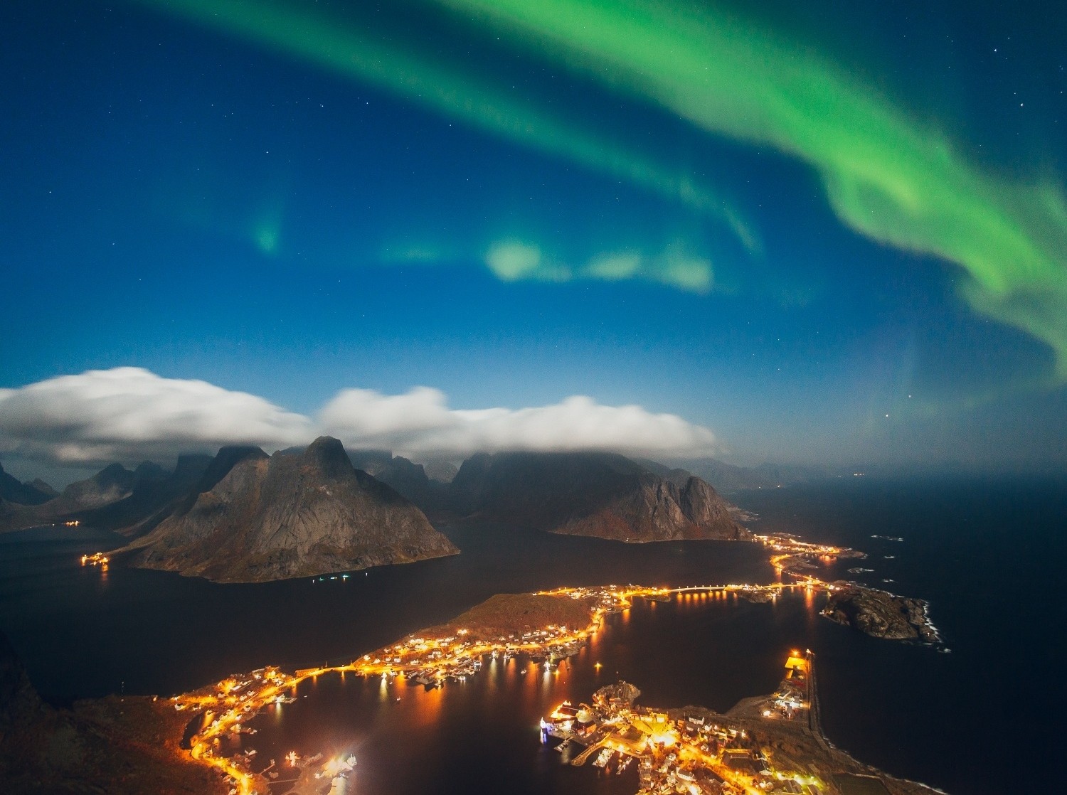 General 1500x1118 nature photography landscape sea mountains town lights starry night Lofoten Norway aurorae nordic landscapes sky