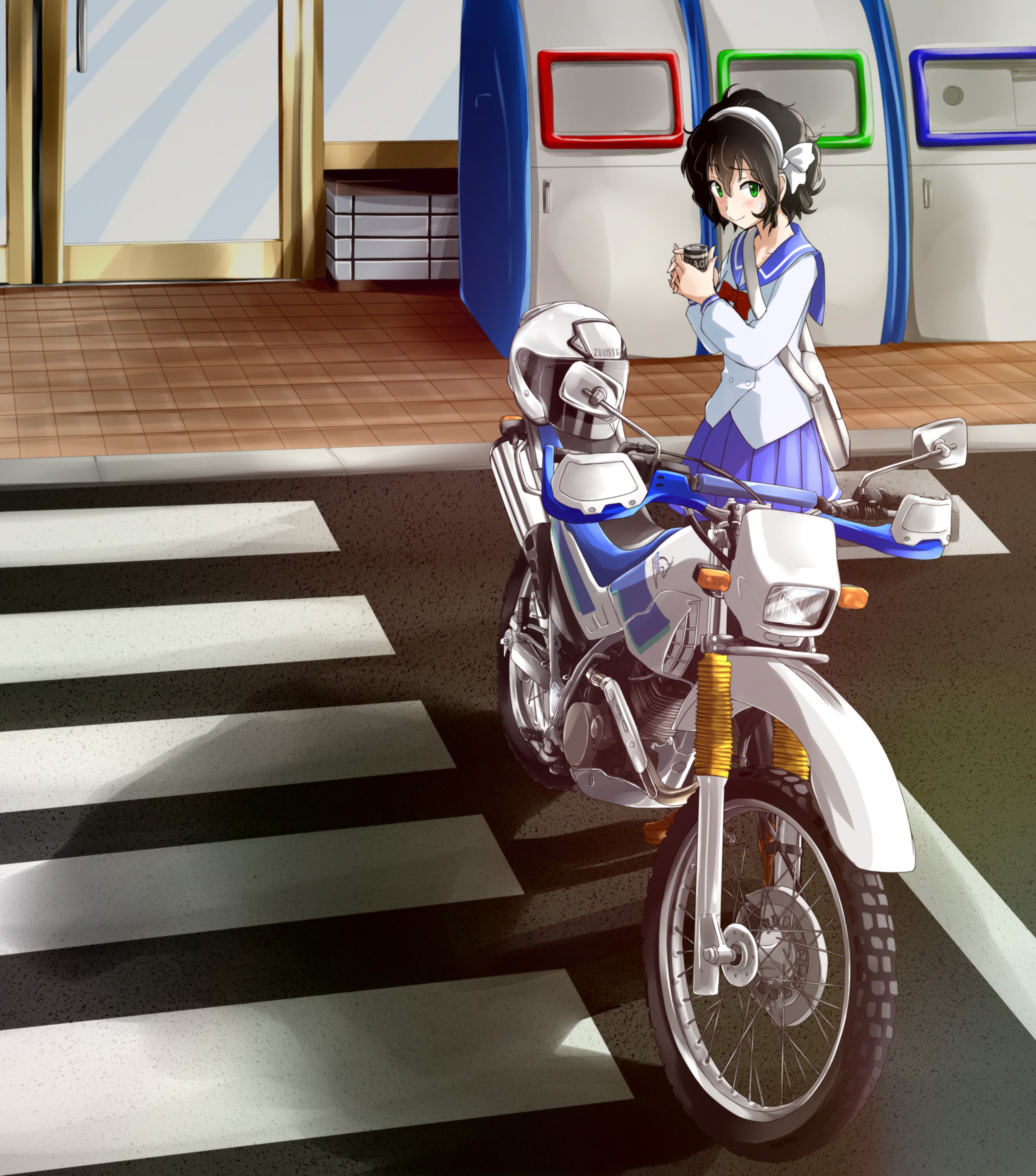 Anime 2600x2950 anime anime girls motorcycle Bakuon!! dark hair Pixiv shoulder length hair vehicle women with motorcycles White Motorcycles looking at viewer can green eyes helmet smiling