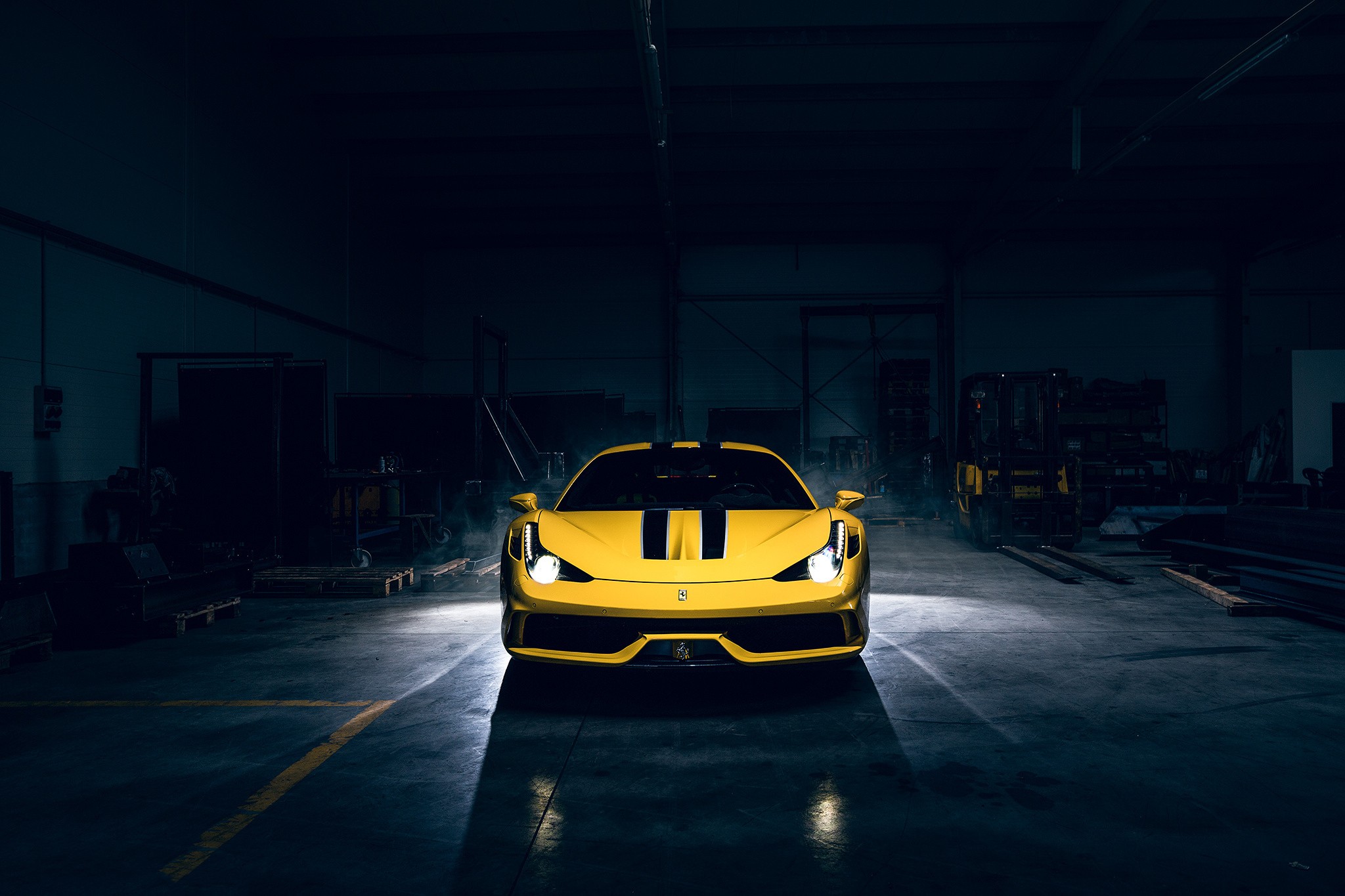 General 2048x1365 yellow cars vehicle car Ferrari Ferrari 458 dark supercars garage lights frontal view italian cars Stellantis