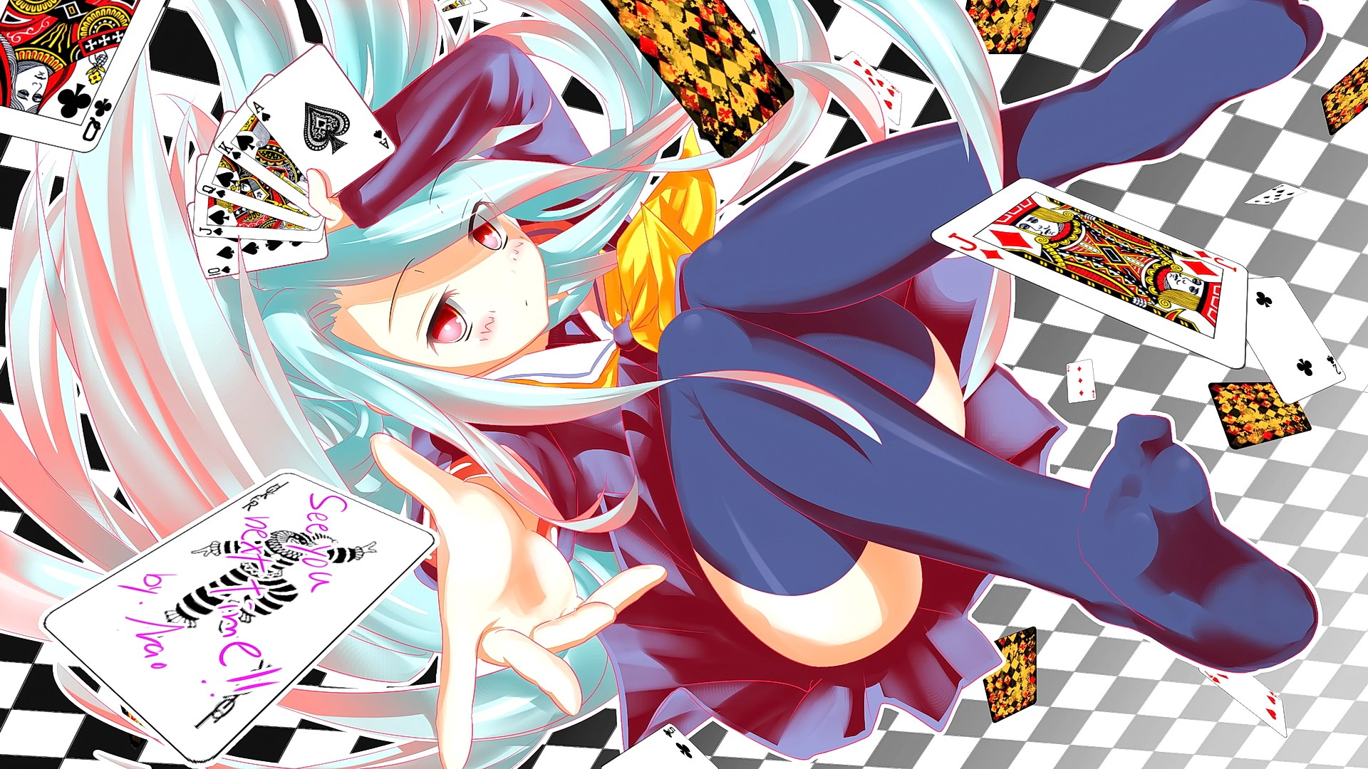 Anime 1920x1080 anime anime girls long hair red eyes looking at viewer Shiro (No Game No Life) No Game No Life knees together playing cards stockings underwear cyan hair thighs legs