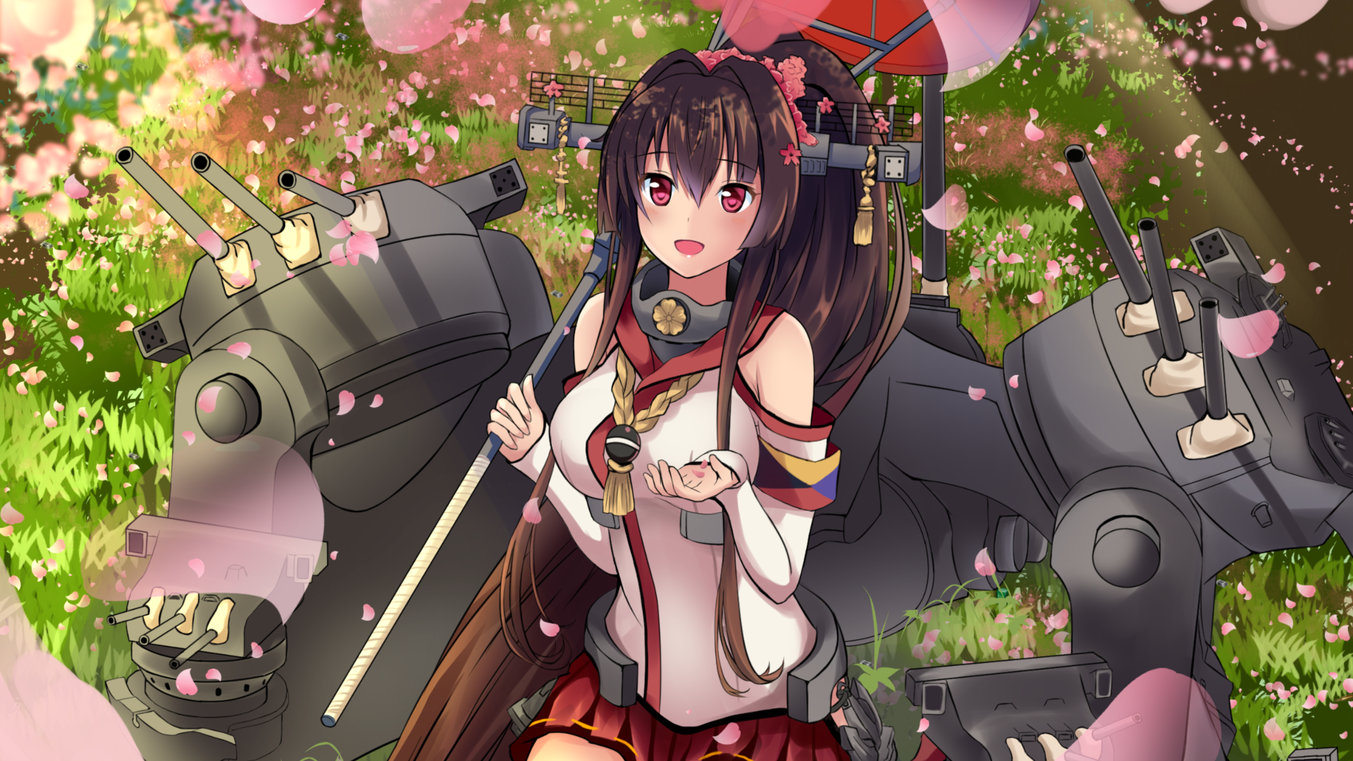 Anime 1920x1080 manga anime anime girls red eyes big boobs brunette flowers open mouth Yamato (KanColle) Kantai Collection long hair looking at viewer