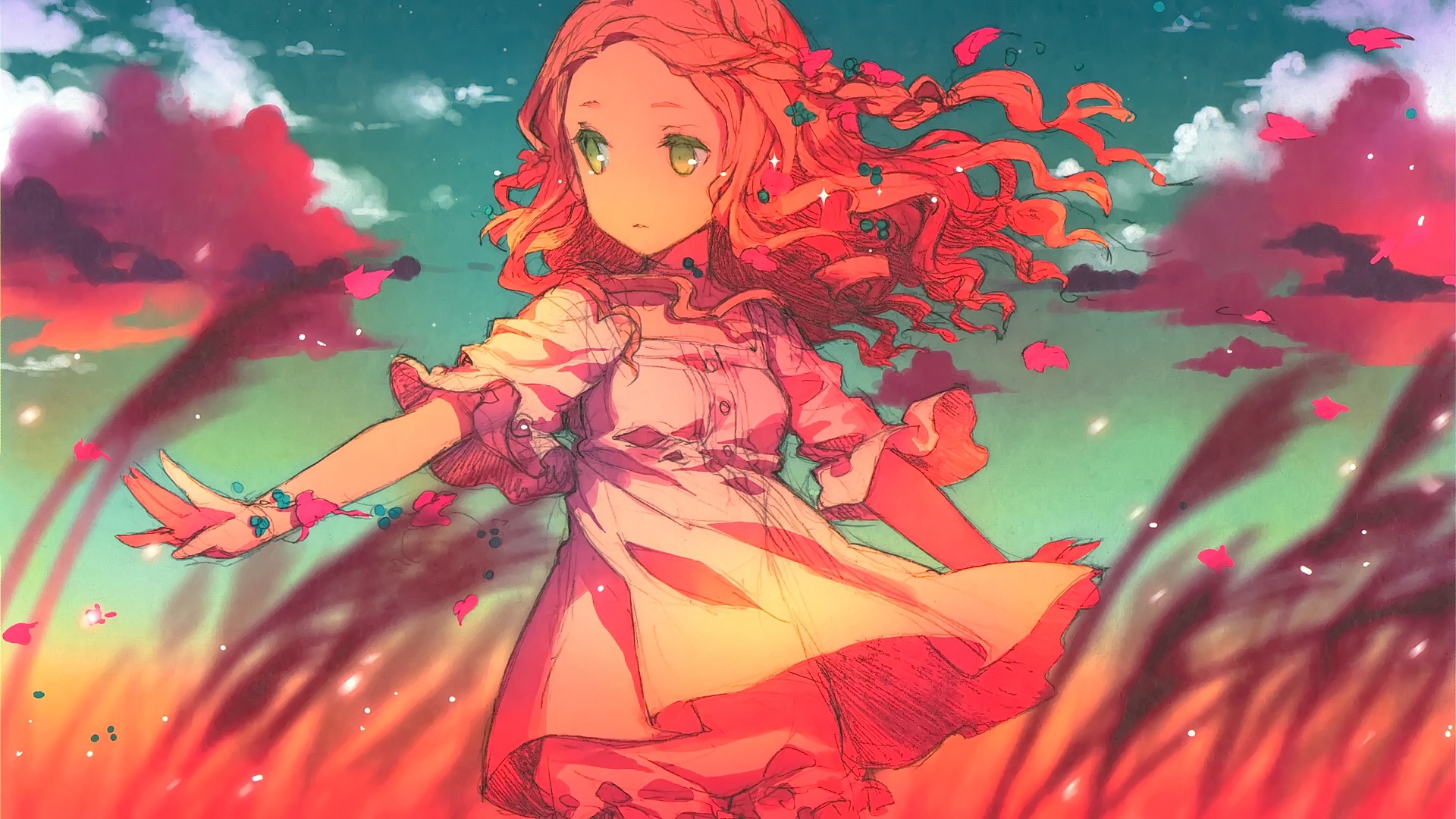Anime 1920x1080 anime anime girls long hair redhead green eyes sky clouds dress looking away