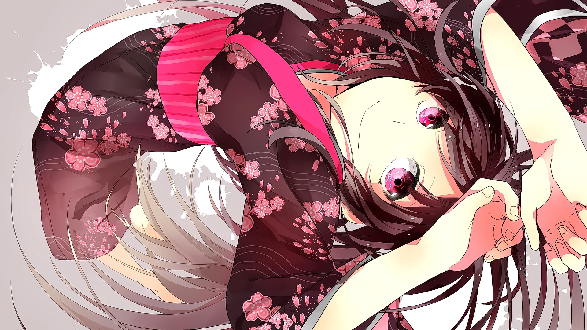 Anime 1920x1080 anime anime girls long hair brunette Japanese clothes kimono looking at viewer face closeup traditional clothing pink eyes