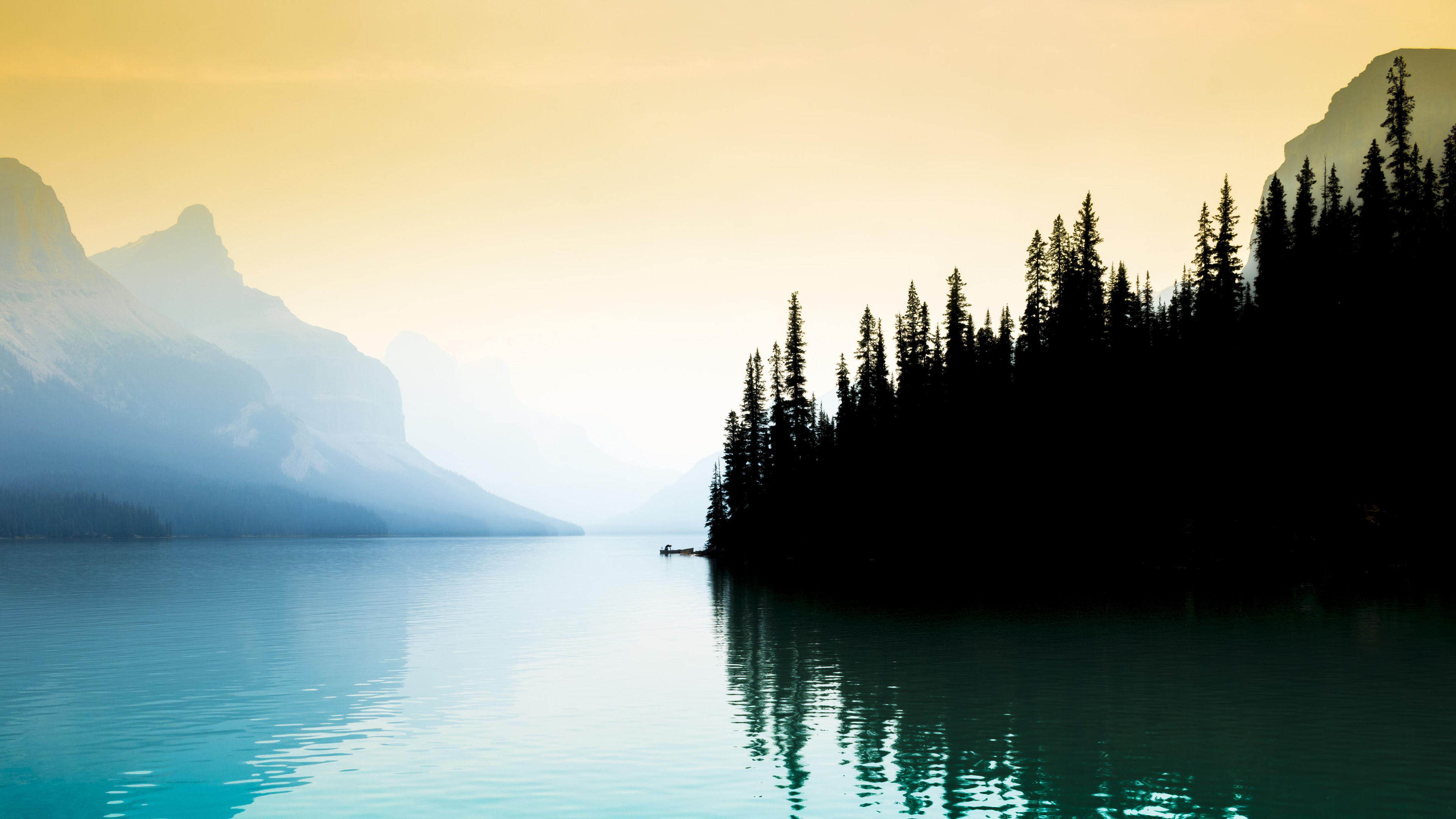 General 3840x2160 landscape river mountains pine trees mist nature sky calm calm waters trees