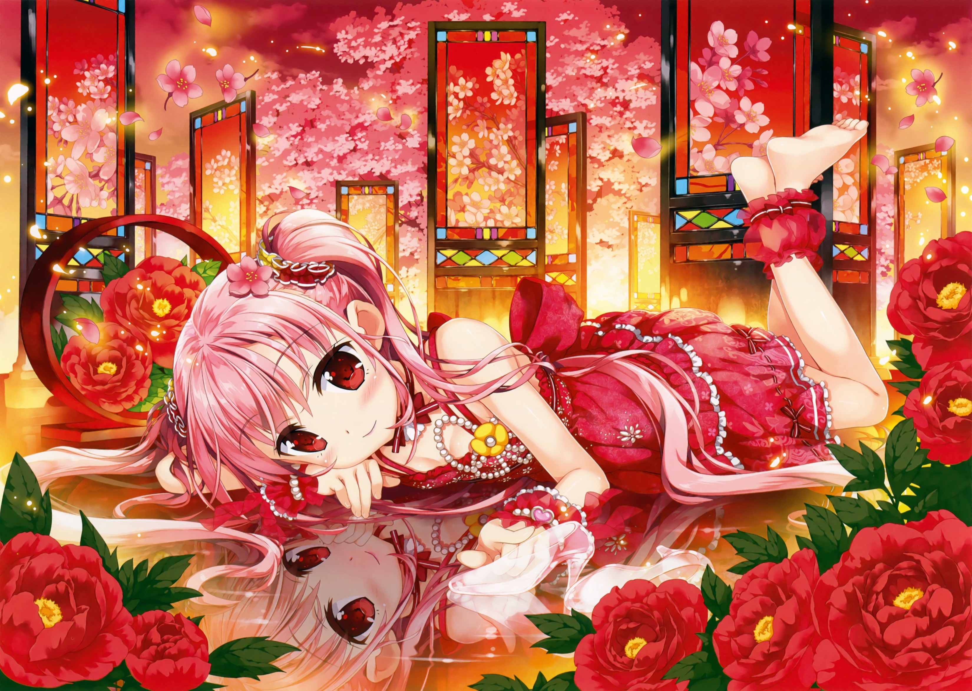 Anime 3300x2348 anime anime girls cleavage heels long hair pink hair red eyes flowers lying on front colorful reflection fantasy art fantasy girl barefoot looking at viewer plants red dress dress red clothing