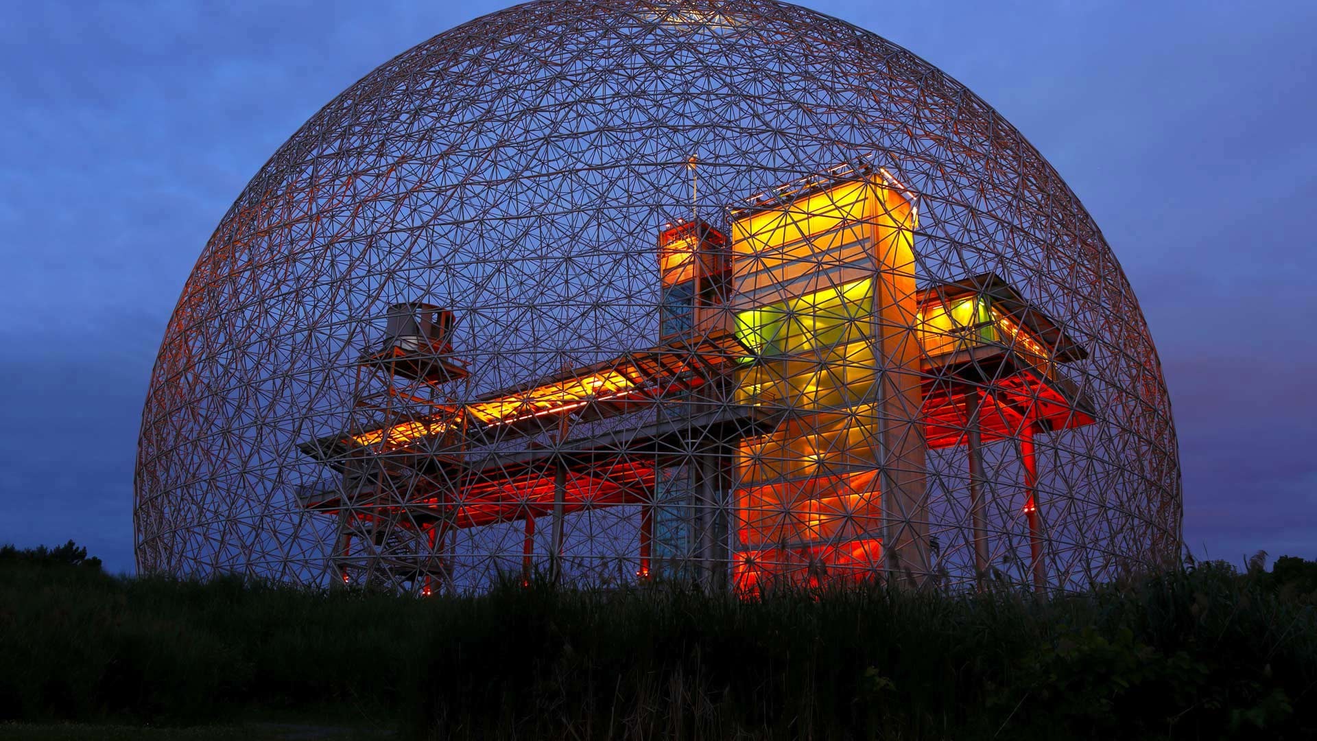 General 1920x1080 architecture modern sphere night sky arena nature grass building pipes Montreal Canada Expo 67