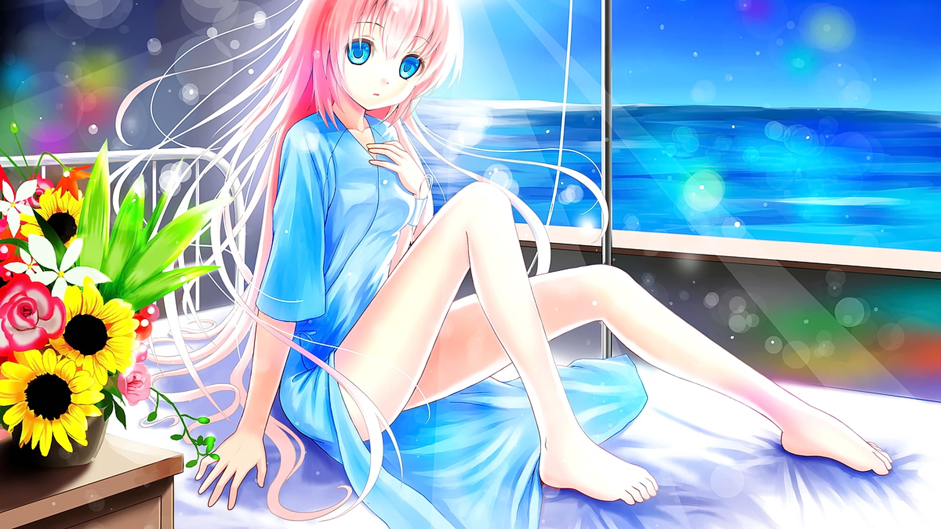 Anime 1920x1080 anime anime girls long hair pink hair blue eyes water flowers colorful thighs legs plants looking at viewer cyan clothing barefoot sea sitting