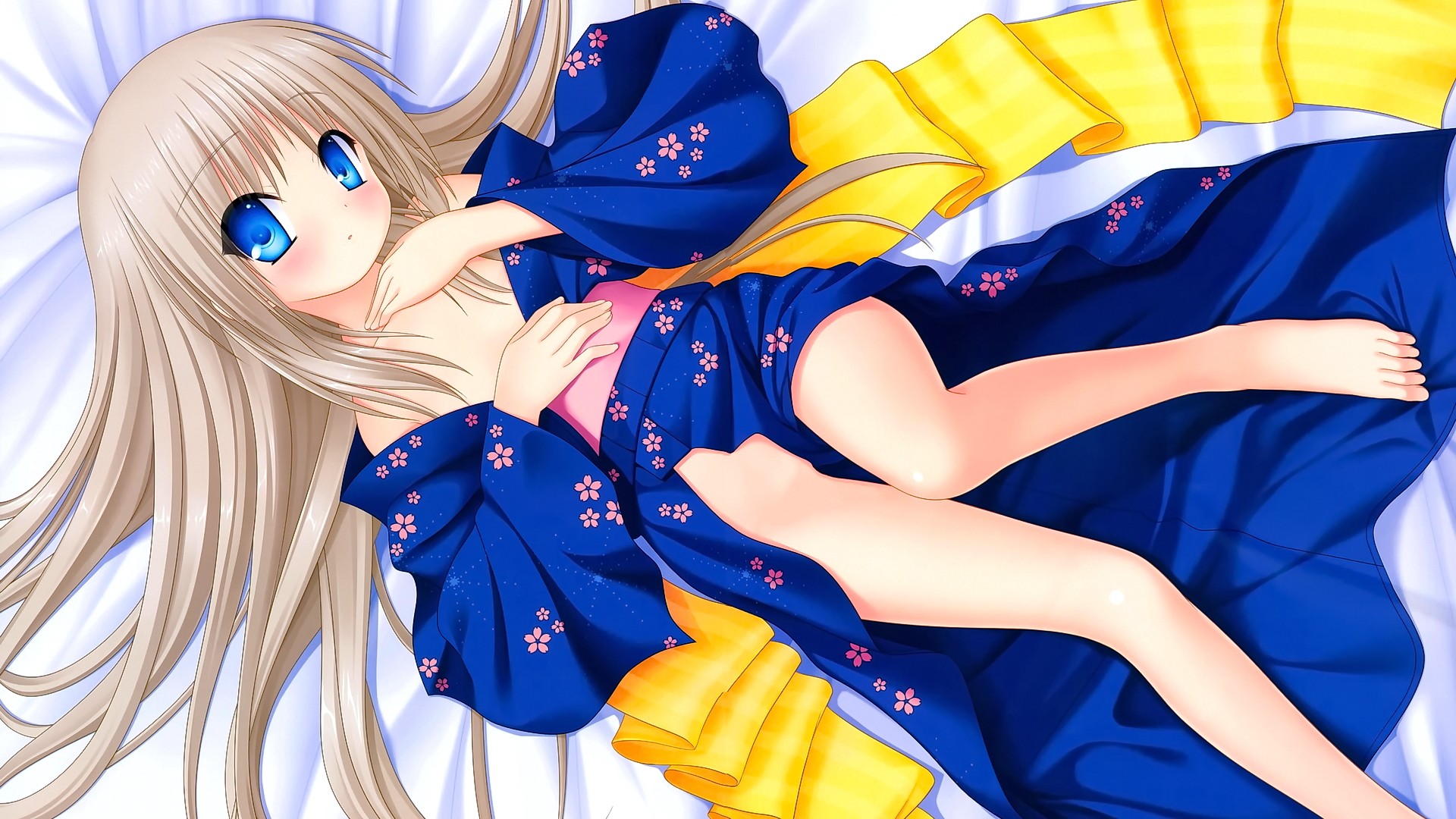 Anime 1920x1080 anime anime girls long hair blonde blue eyes in bed Japanese clothes kimono looking at viewer thighs legs barefoot