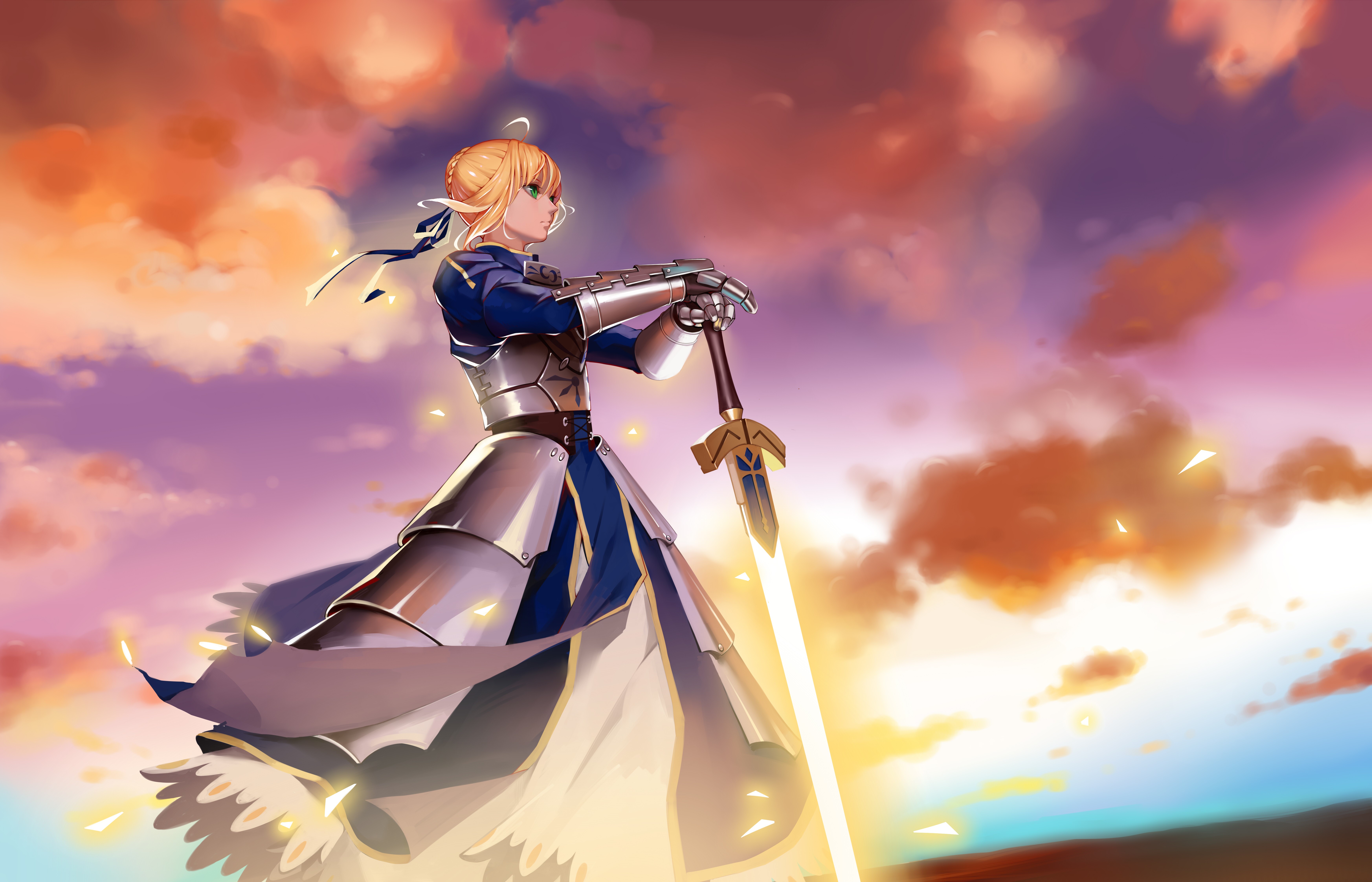 Anime 6983x4488 anime anime girls Fate/Stay Night Saber short hair green eyes Fate series female warrior women with swords ahoge armored woman blue dress sunset tied hair braids Artoria Pendragon Fate/Grand Order Fate/Zero 2D blue ribbons clouds gauntlets hairbun standing fan art blonde fantasy art fantasy girl girls with guns Pixiv armor fantasy armor sky