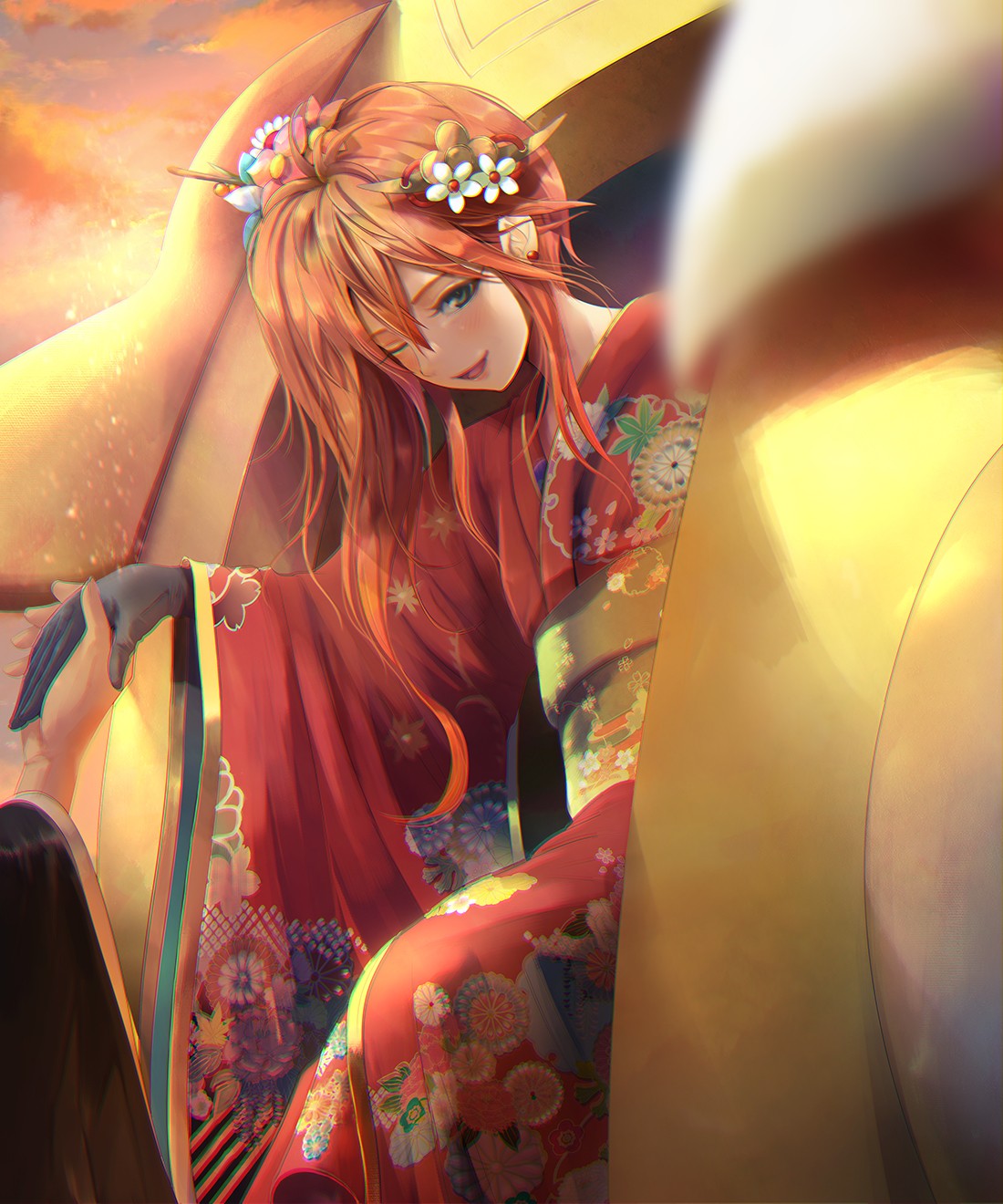 Anime 1100x1320 anime anime girls long hair redhead Japanese clothes kimono Puzzle & Dragons SHO Pixiv hair in face traditional clothing flower in hair red clothing red dress