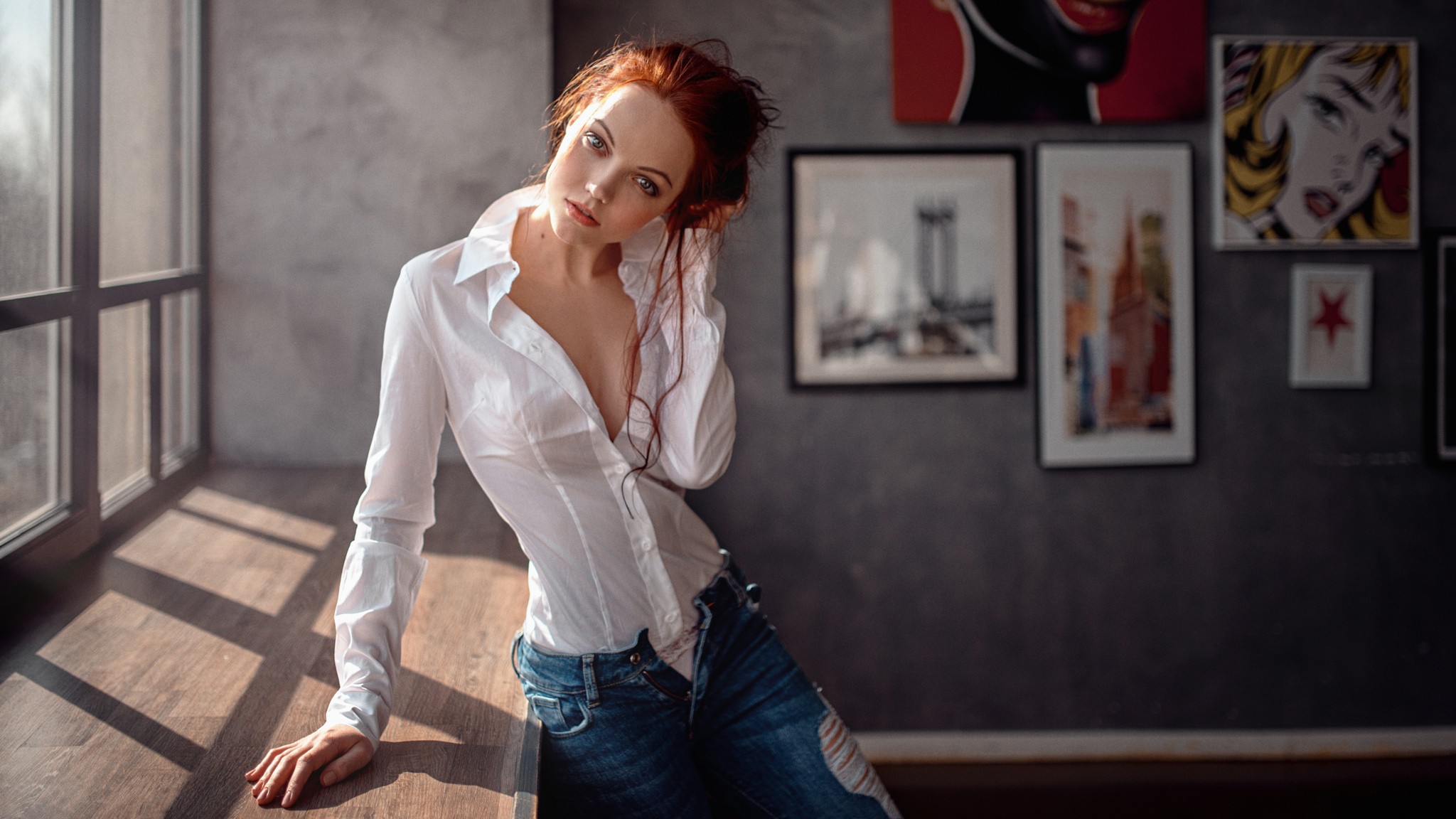People 2048x1152 women redhead torn jeans shirt portrait window cleavage Georgy Chernyadyev Alina Bagrets open shirt women indoors indoors slim body face looking at viewer by the window
