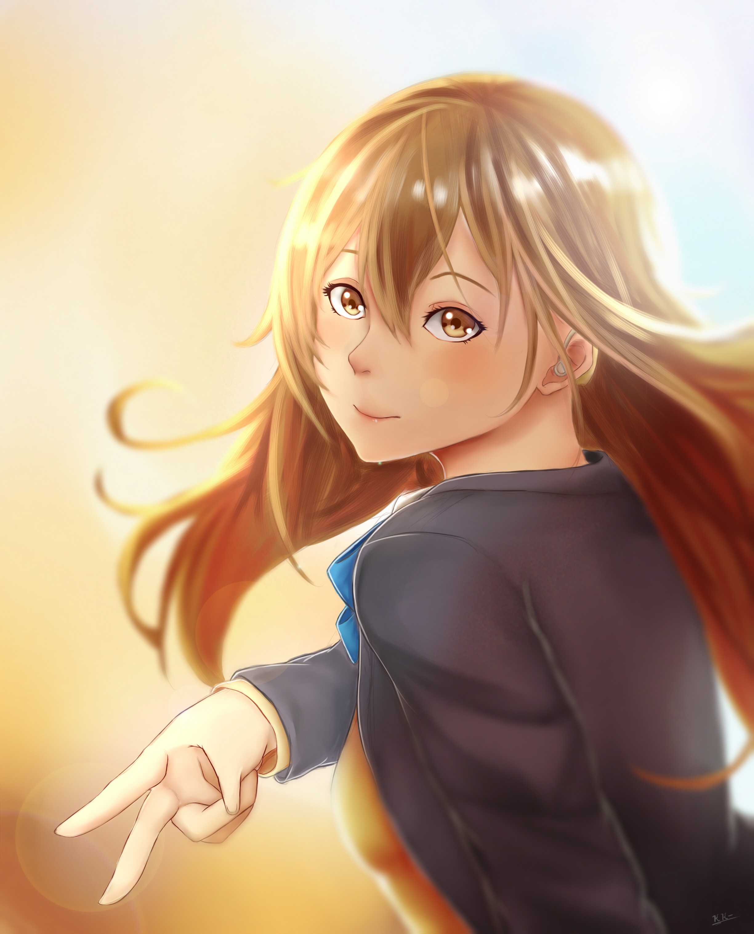 Anime 2449x3035 anime anime girls long hair brunette brown eyes looking at viewer simple background face hand gesture Pixiv women gradient