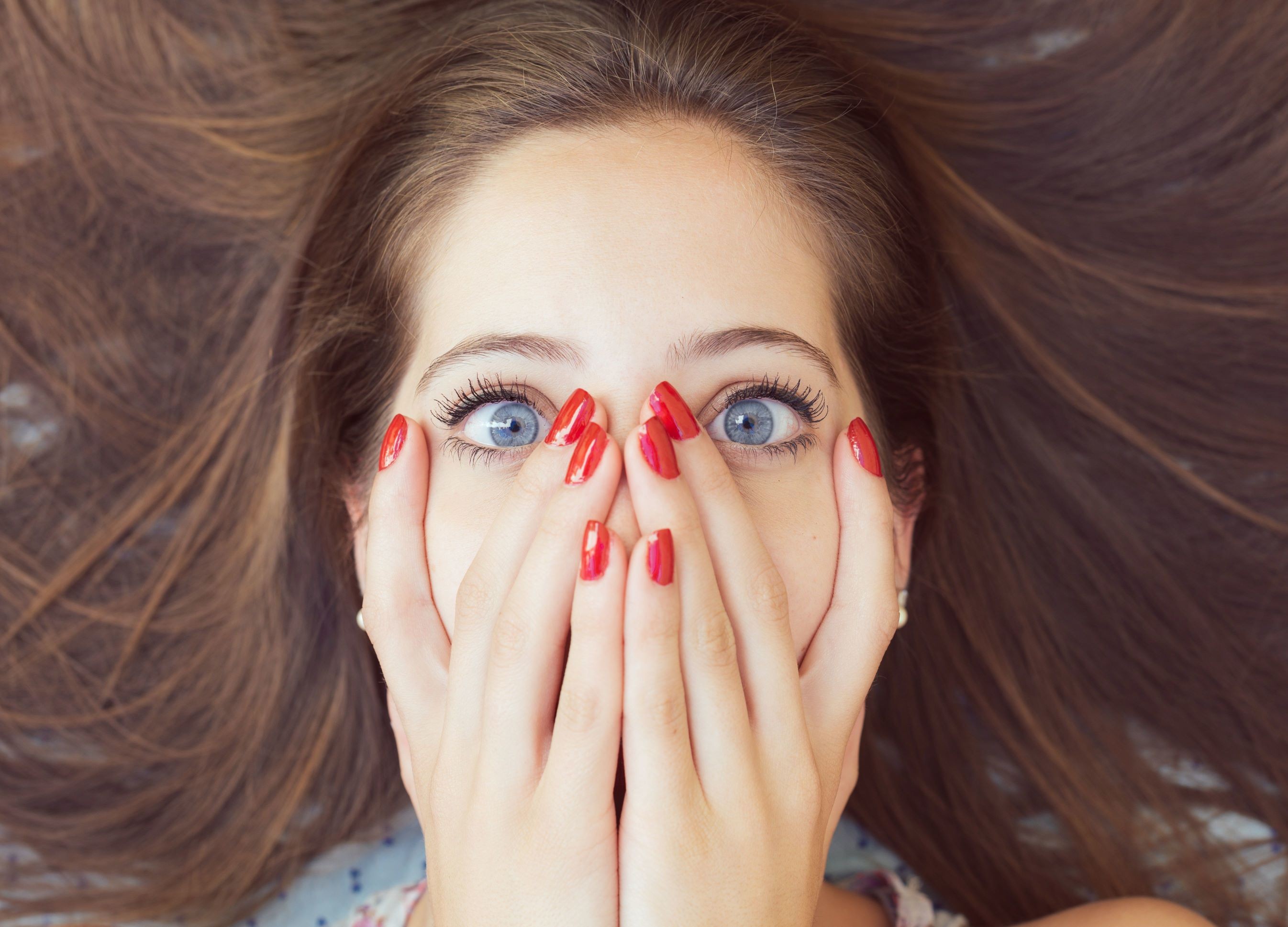 People 2692x1938 covering face face women model painted nails blue eyes looking at viewer closeup long hair red nails