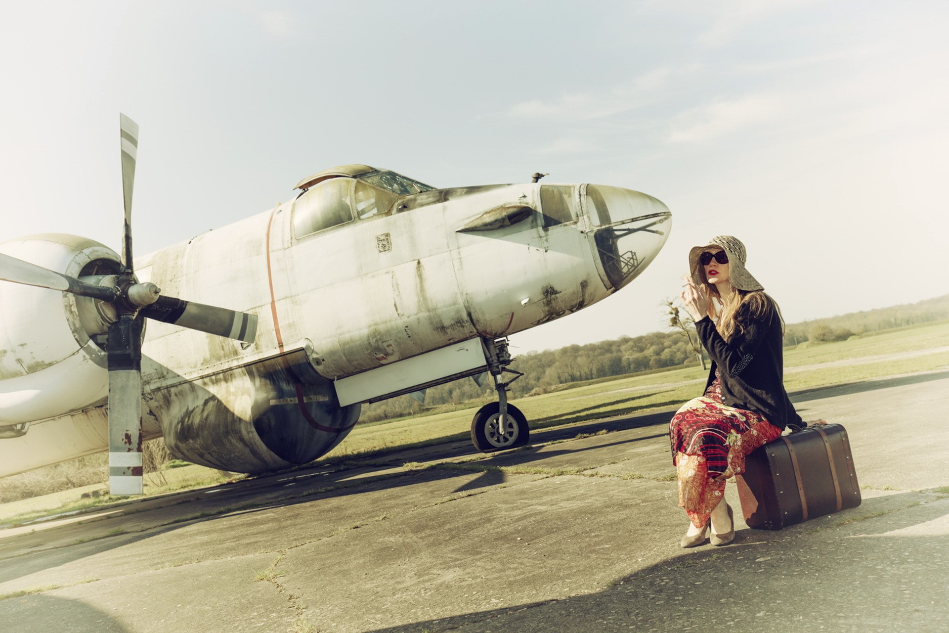 People 1920x1280 aircraft women women outdoors sitting vehicle women with planes women with shades sunglasses suitcase women with hats model propeller