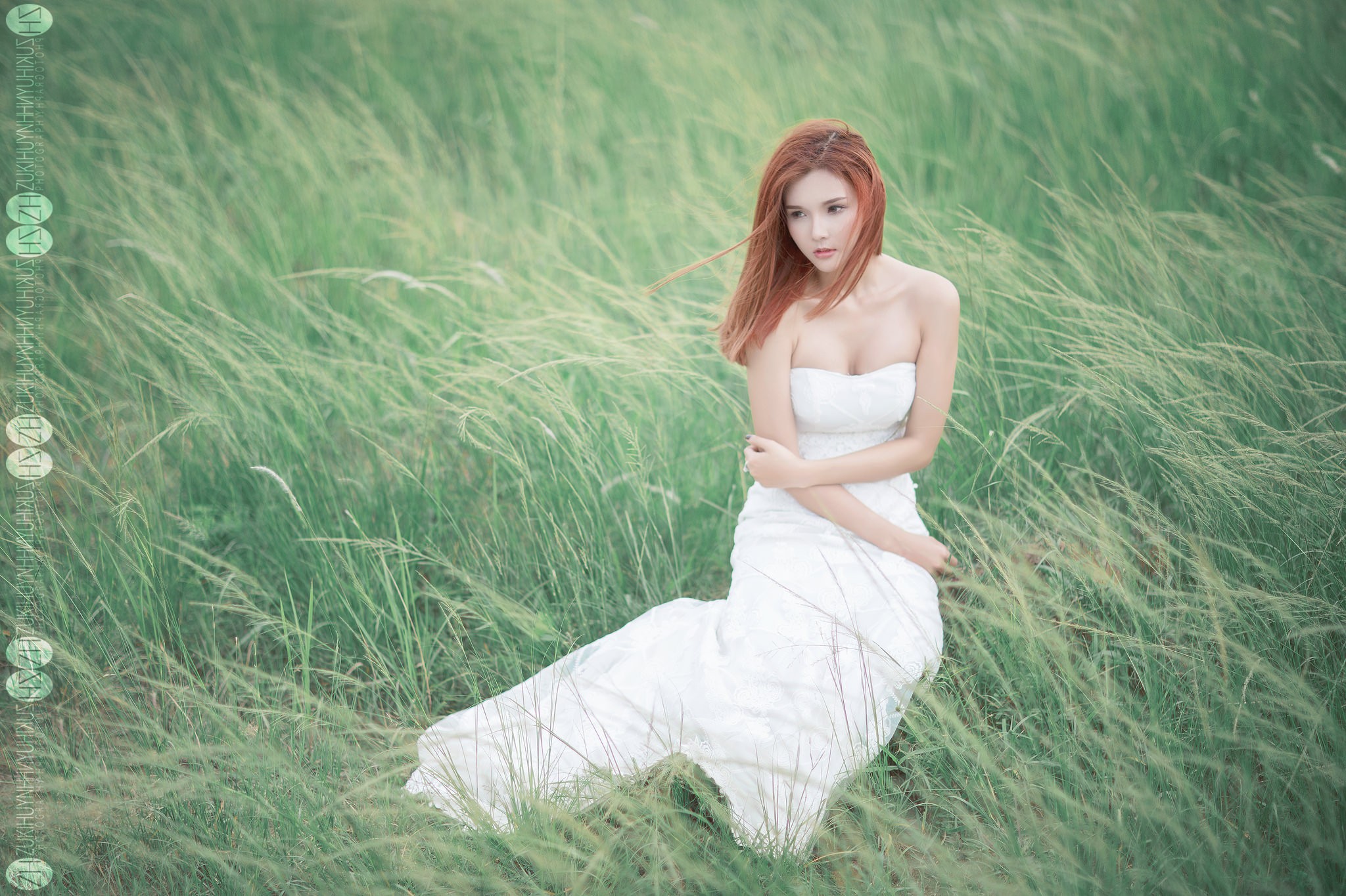 People 2048x1365 redhead women outdoors brides long hair women Asian model grass dress white dress white clothing watermarked arms crossed dyed hair field