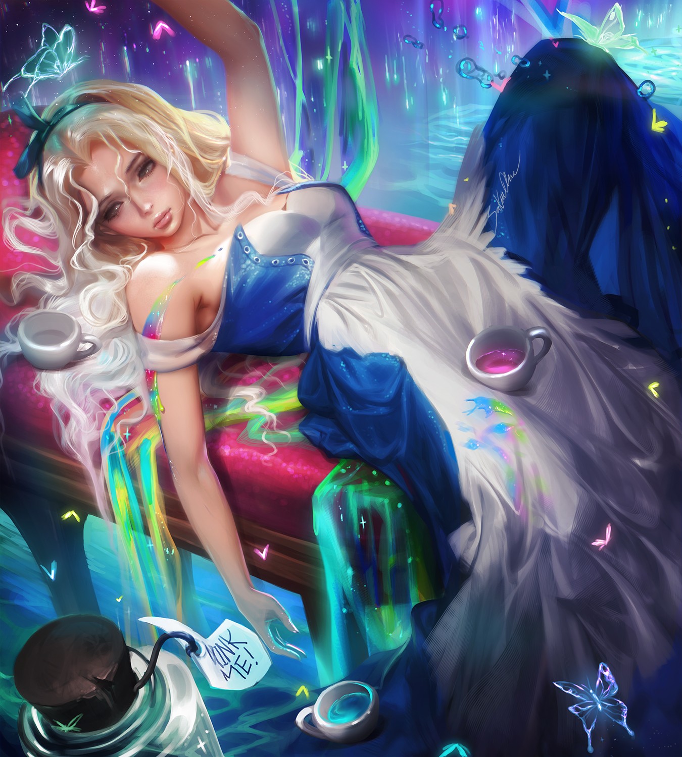 Anime 1350x1500 Sakimichan realistic Alice in Wonderland fantasy art fantasy girl cup dress lying on back blonde women
