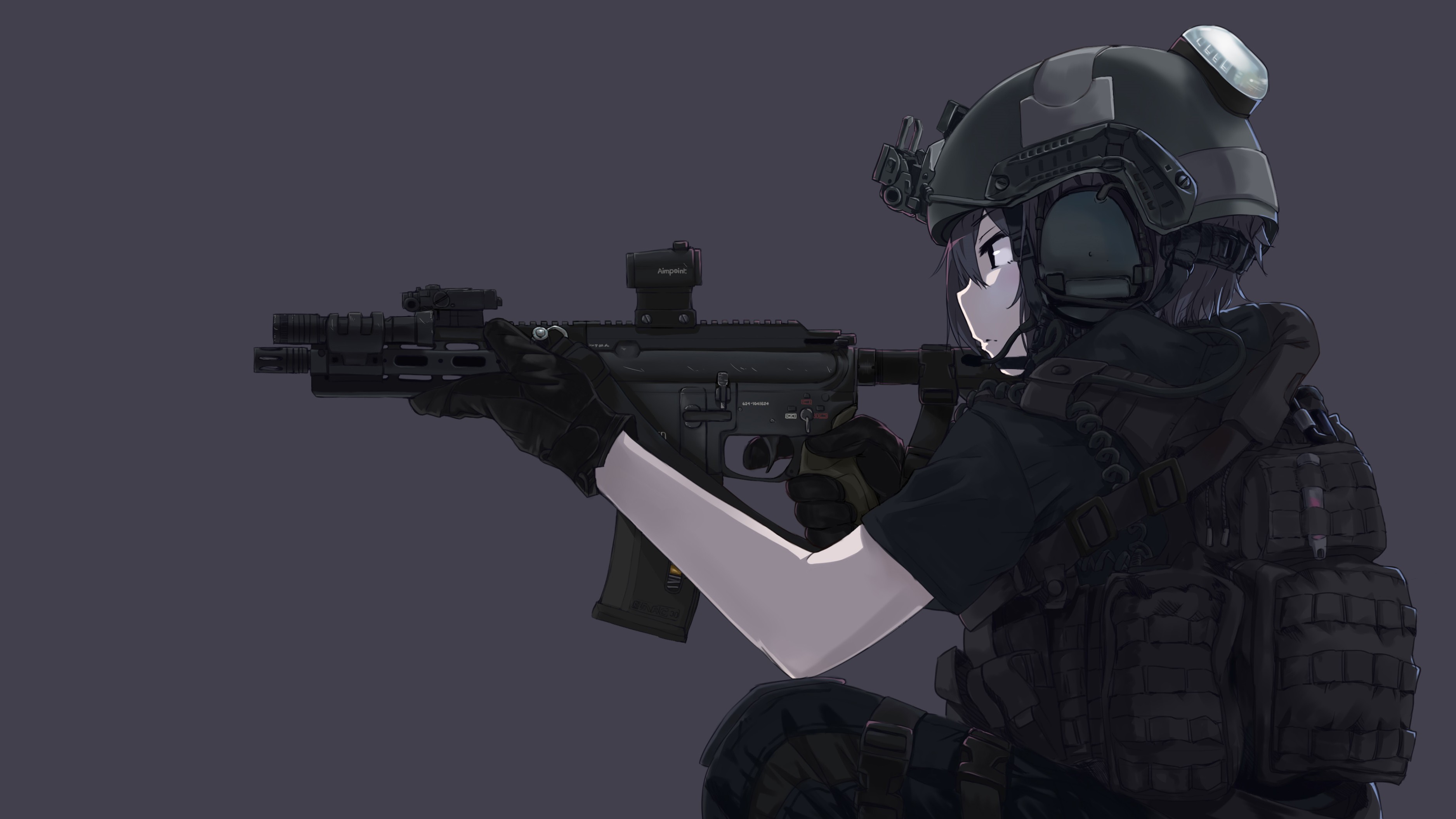 Anime 3751x2110 weapon armor military gloves original characters Aimpoint Heckler & Koch anime girls Ivan Wang girls with guns machine gun Pixiv helmet aiming simple background