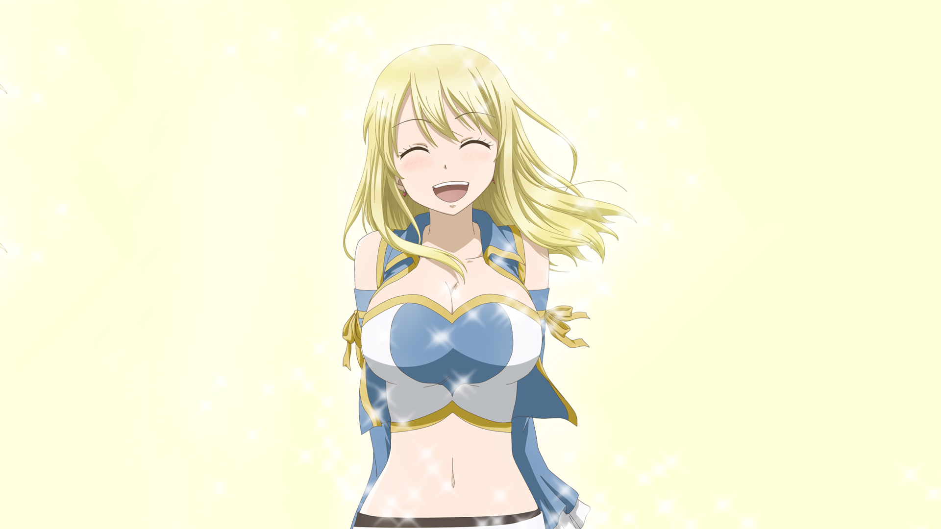 Anime 1920x1080 Fairy Tail anime Heartfilia Lucy  anime girls happy blonde closed eyes open mouth boobs big boobs belly yellow background simple background