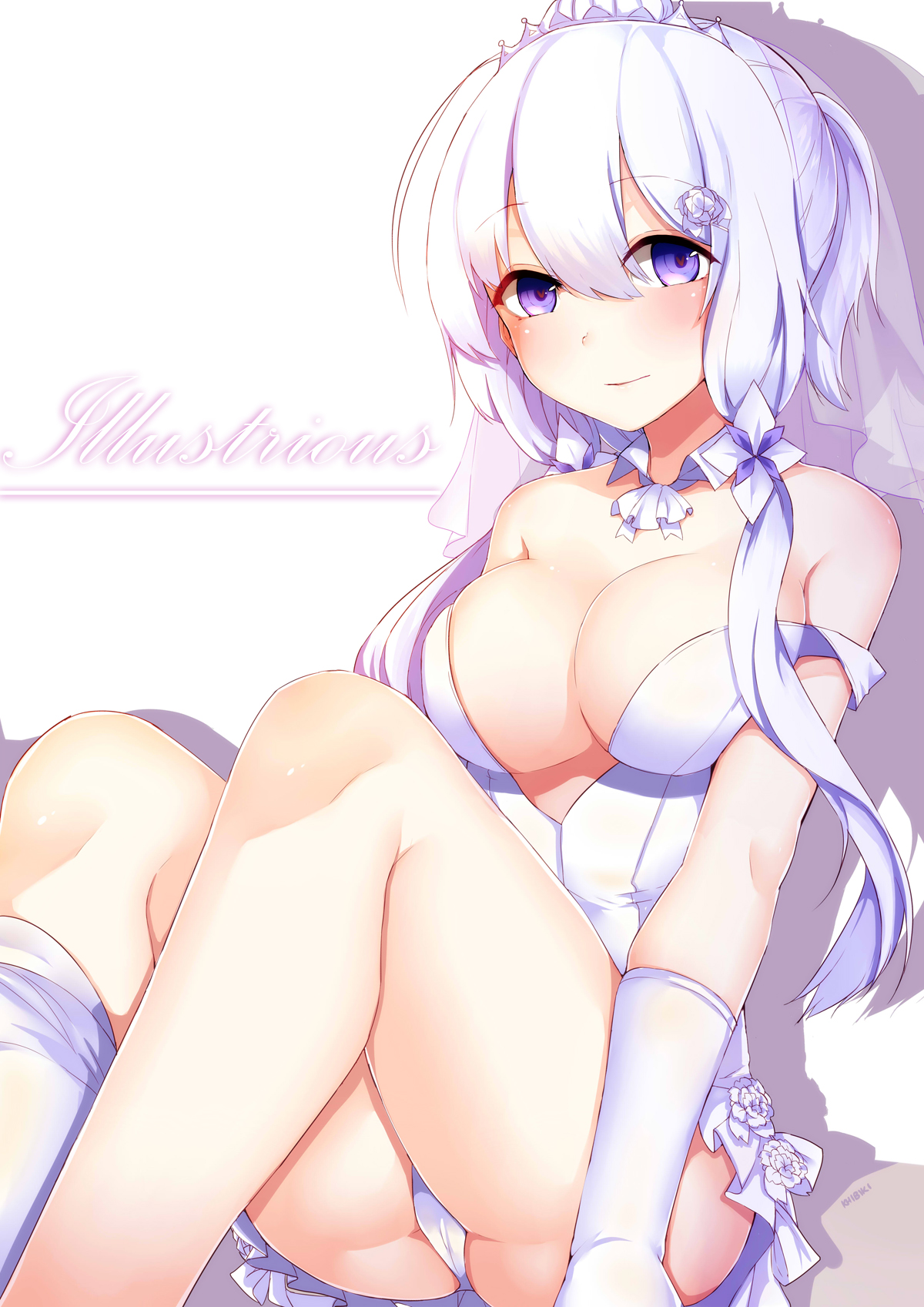 Anime 1200x1697 boobs white background cleavage dress no bra panties thigh-highs Azur Lane Illustrious (Azur Lane)