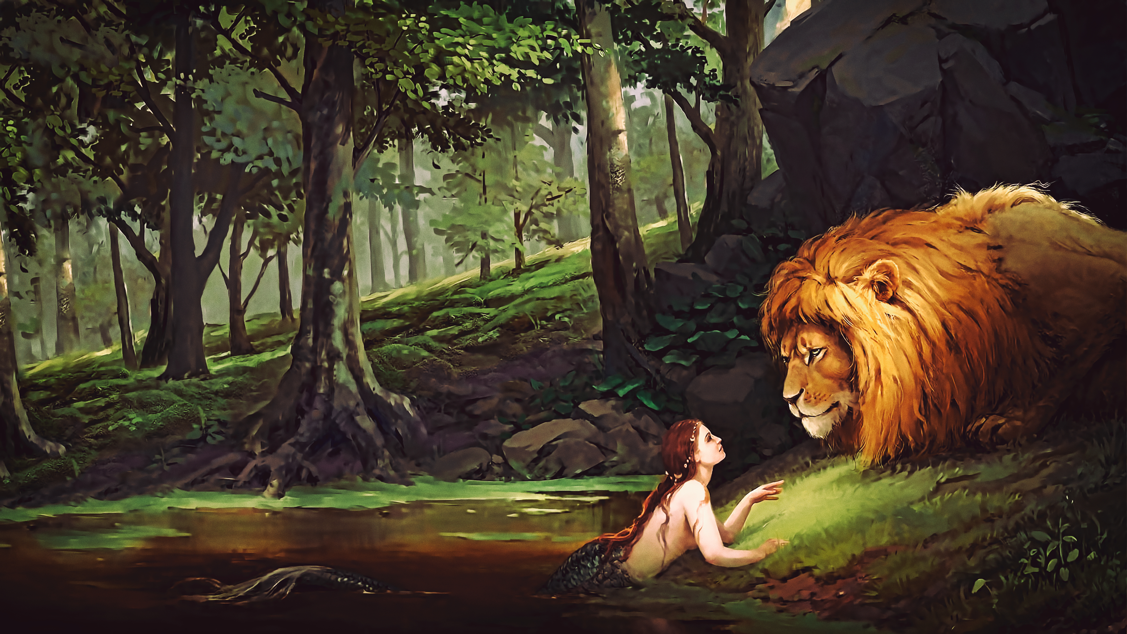 General 3840x2160 landscape tree bark animals lion women siren illustration fantasy art artwork
