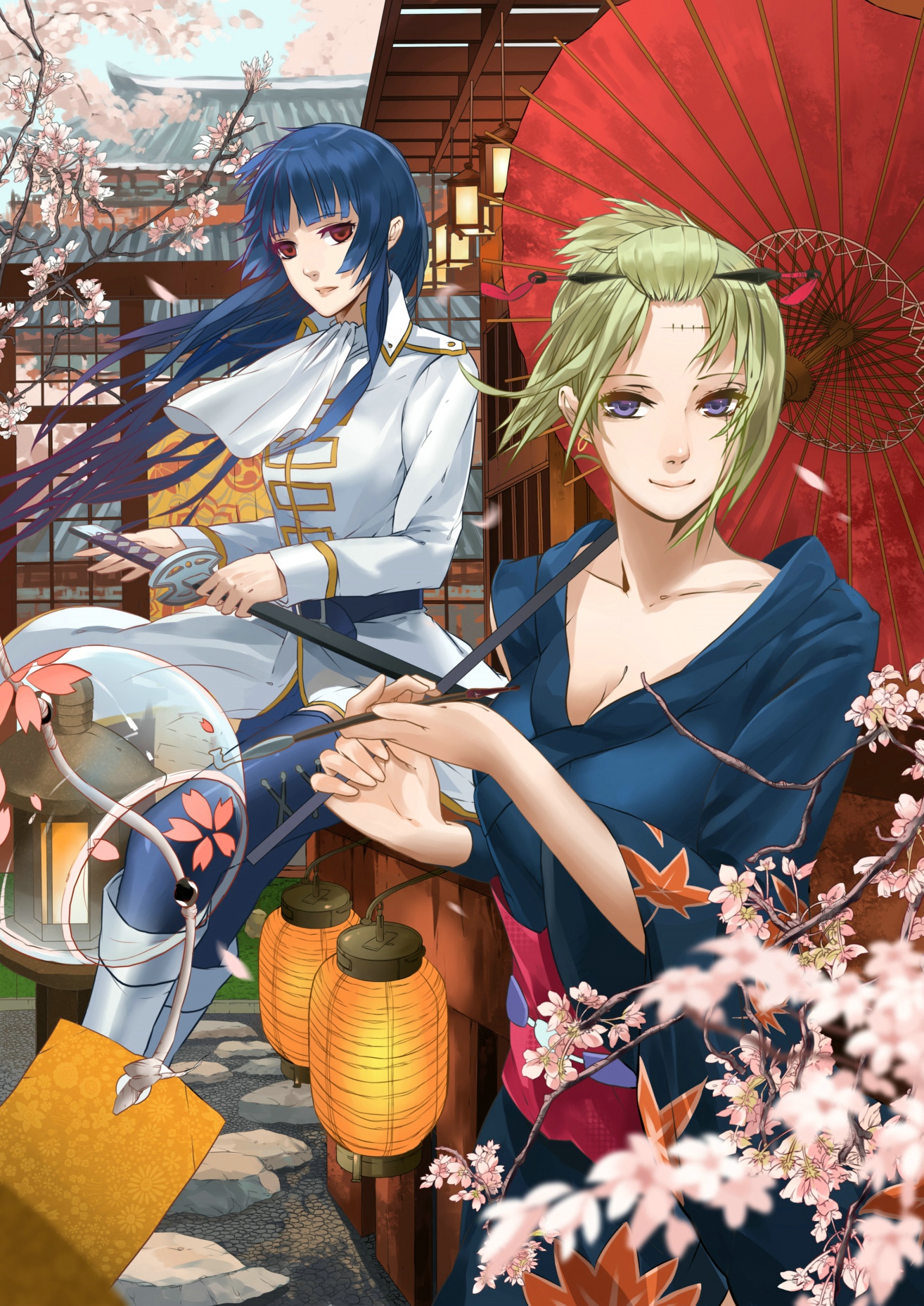 Anime 1314x1858 Gintama anime girls Imai Nobume Tsukuyo two women women with umbrella Pixiv green hair blue hair smiling anime
