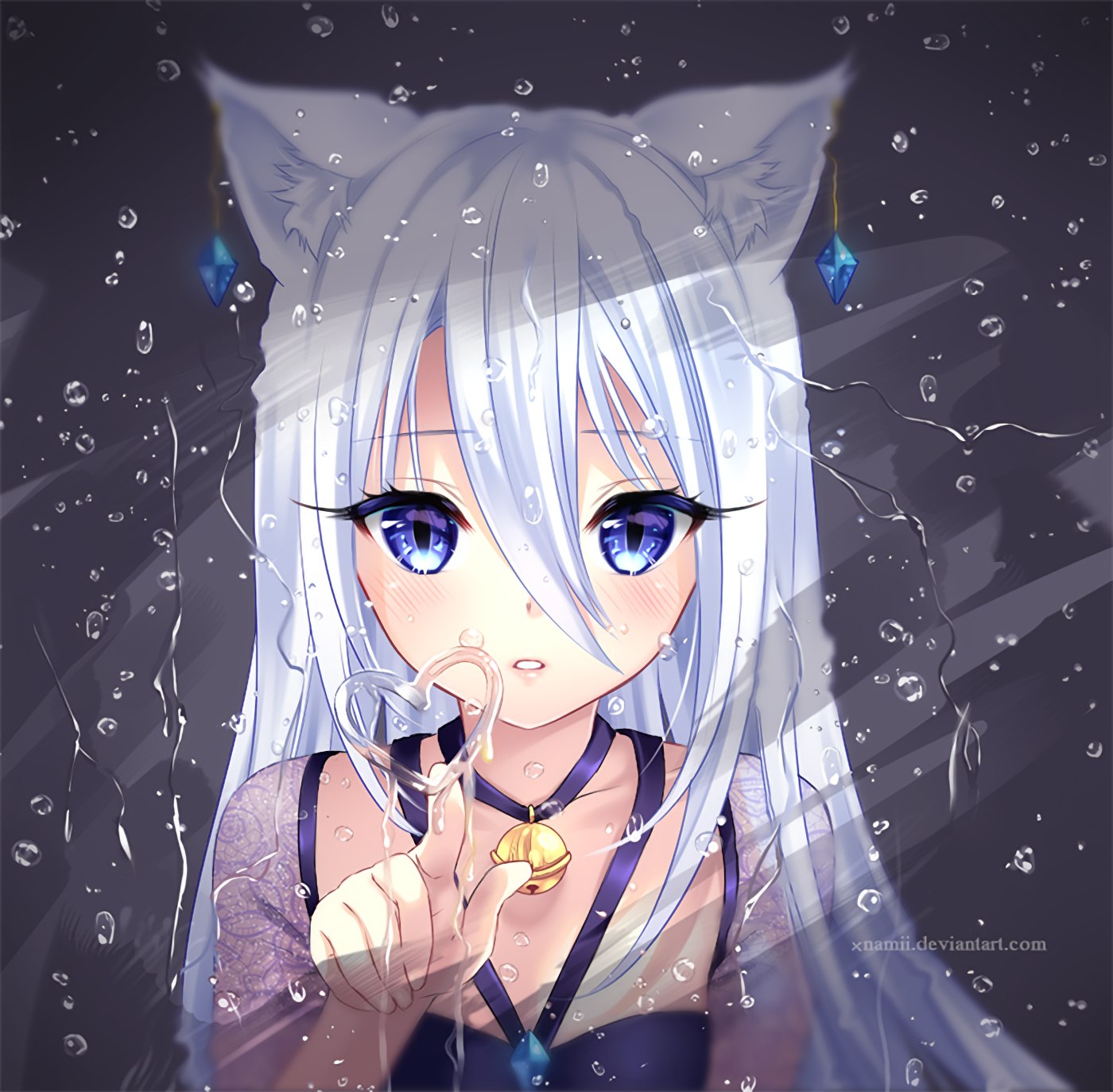 Anime 1400x1374 anime girls cat ears white hair water water drops DeviantArt blue eyes love animal ears