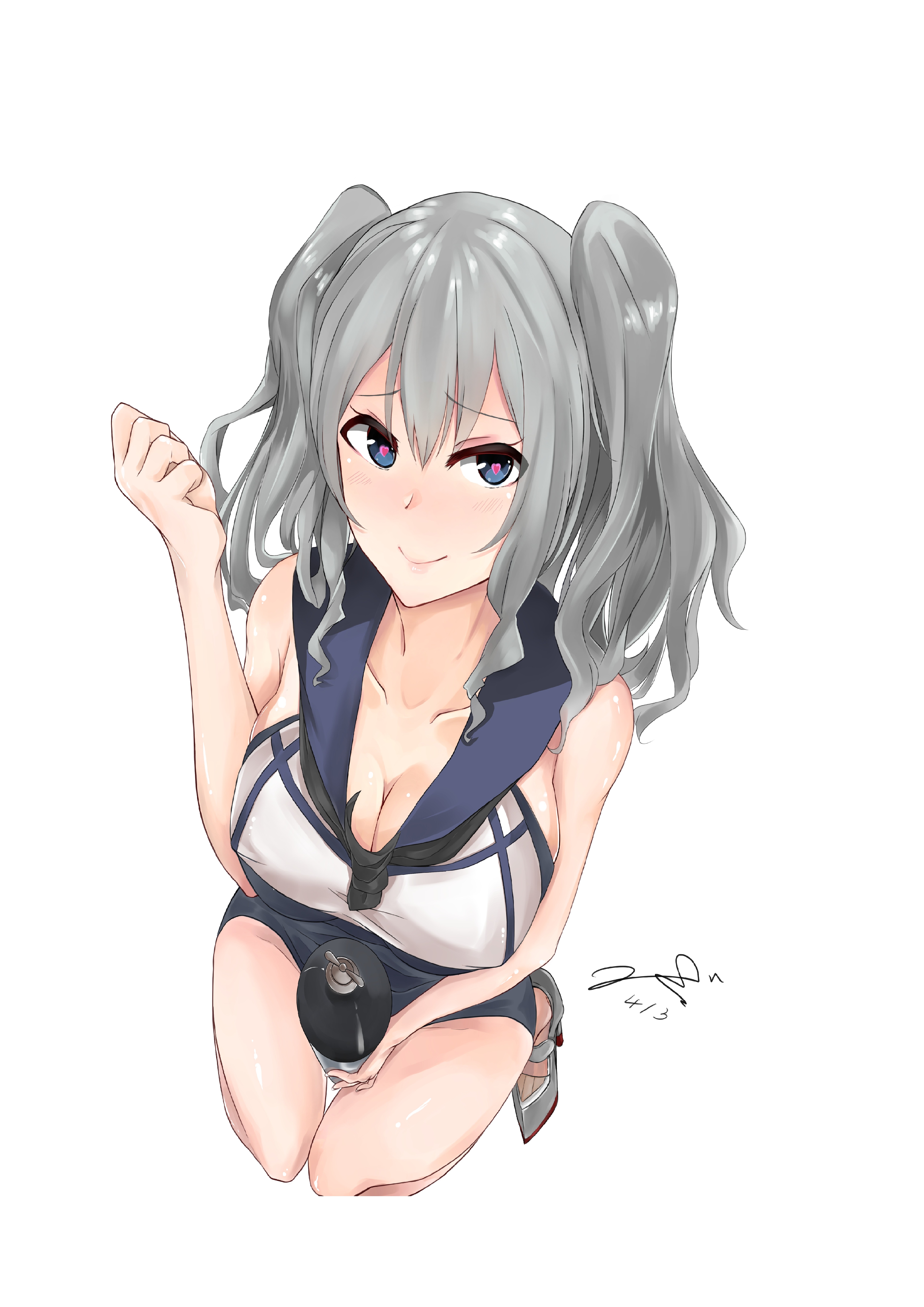 Anime 4961x7016 Kashima (KanColle) Kantai Collection anime girls cleavage kneeling blue eyes boobs big boobs simple background white background gray hair smiling looking at viewer