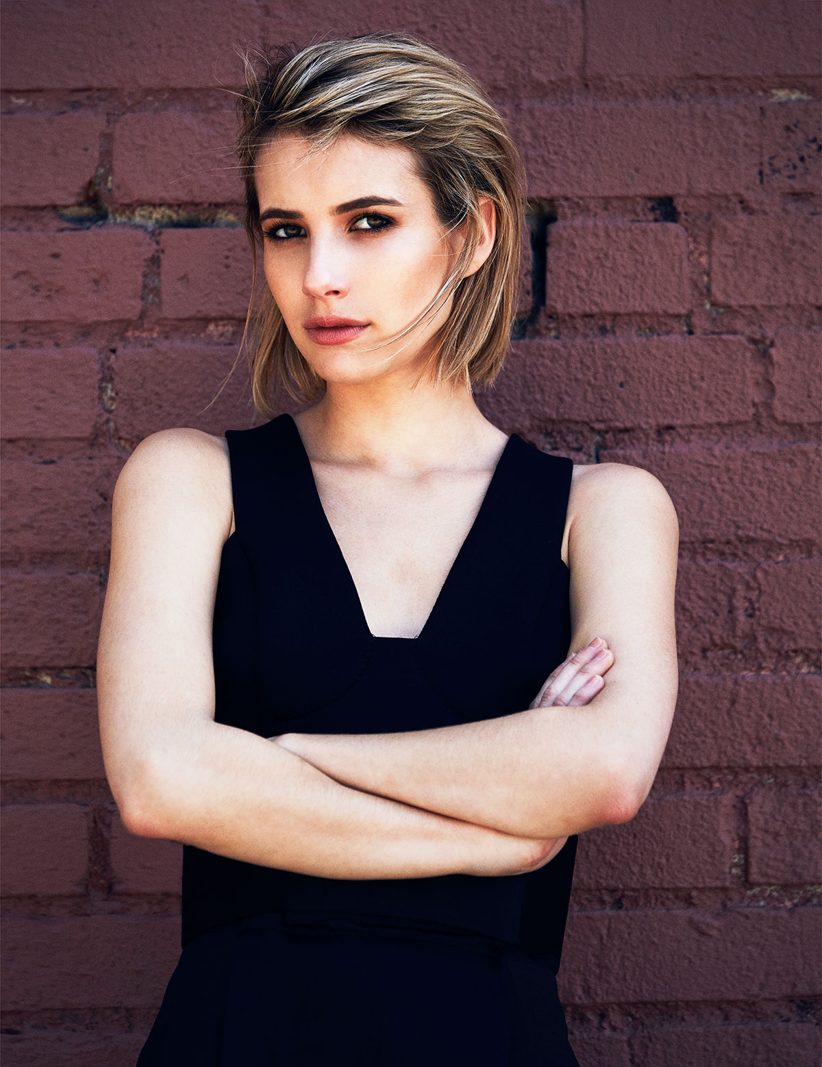 People 1200x1558 women actress Emma Roberts American women wall bricks arms crossed black clothing blonde dyed hair red lipstick looking at viewer portrait display