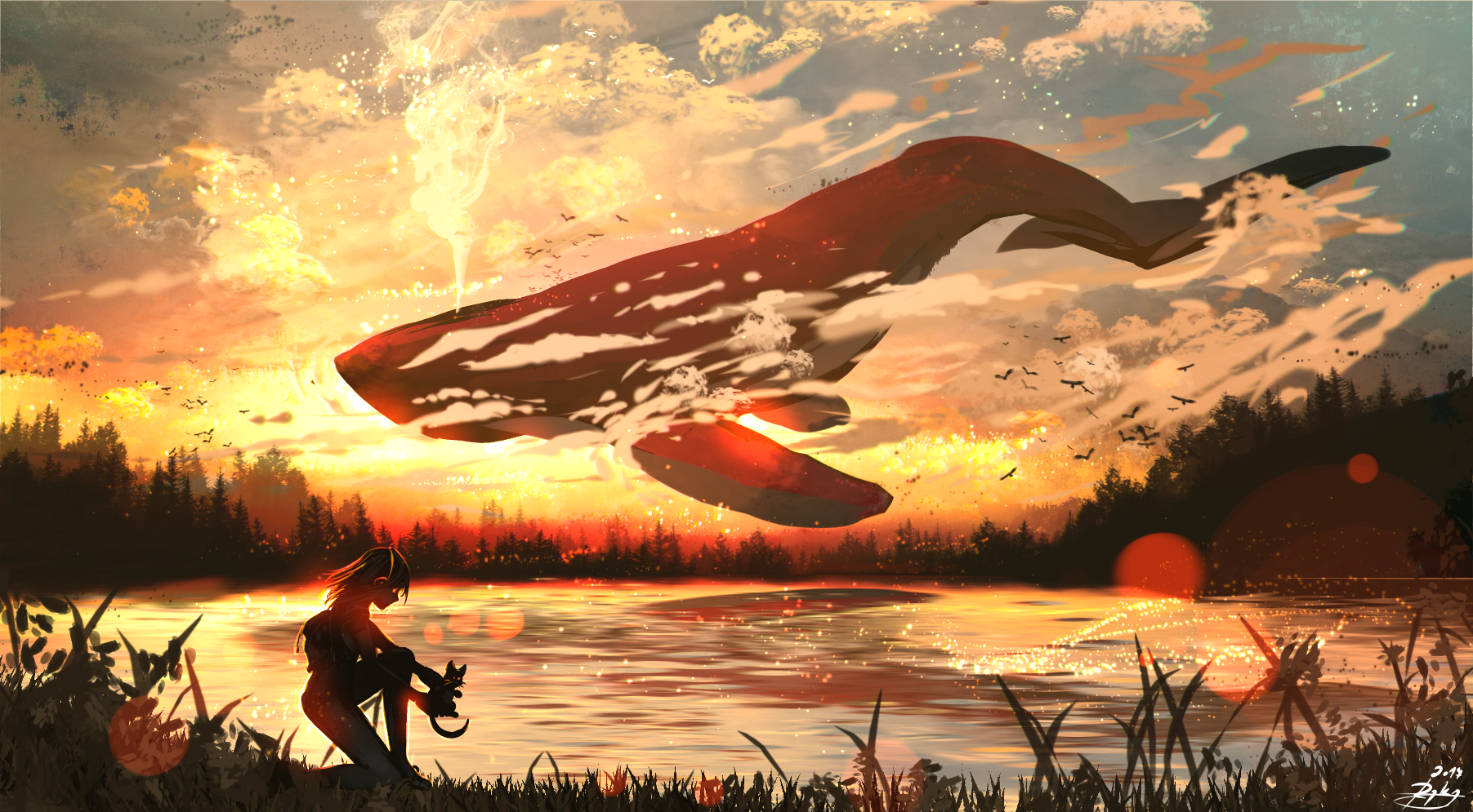 General 1803x995 landscape sunset fantasy art whale digital art watermarked outdoors lake clouds