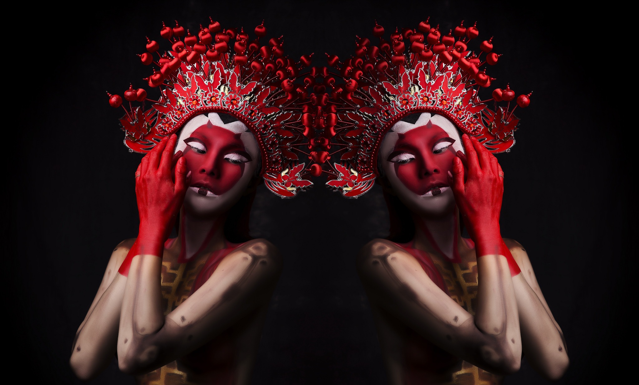 People 2048x1234 dark red women body paint mask