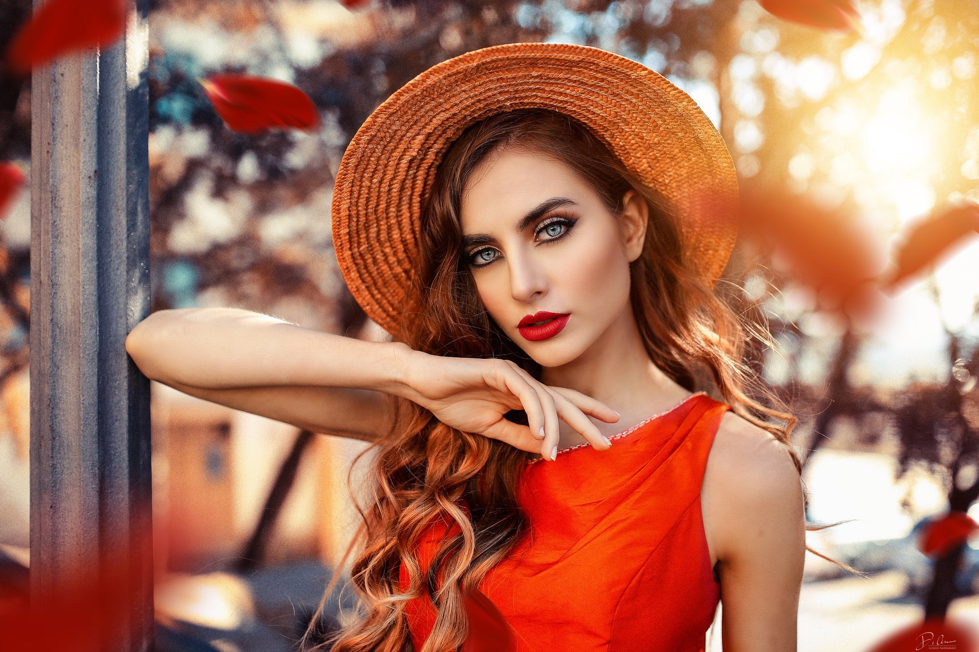 People 1962x1308 makeup face women Alessandro Di Cicco hat long hair model straw hat red dress