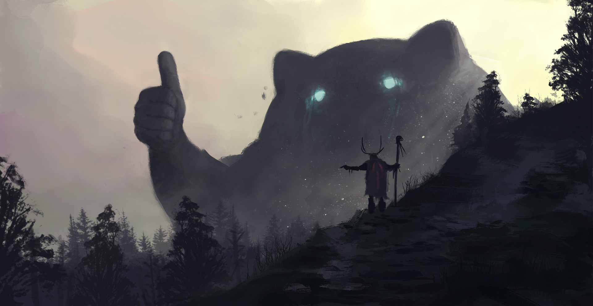 General 1920x991 fantasy art druids spirits forest mountains thumbs up mist giant beige blue eyes humor drawing