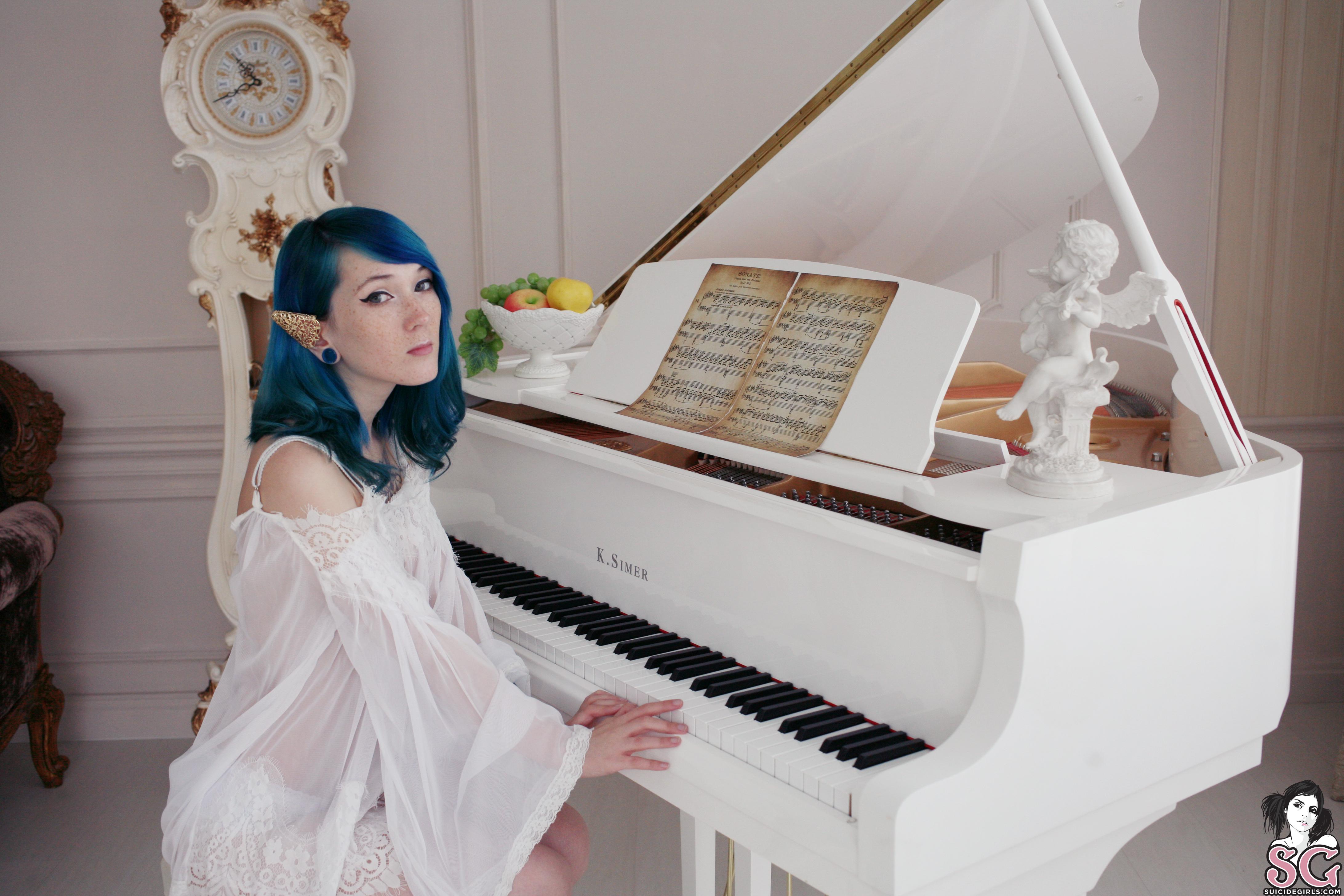 People 4368x2912 Colorfoxx Suicide Girls tattoo blue hair model piano Victorian women women indoors
