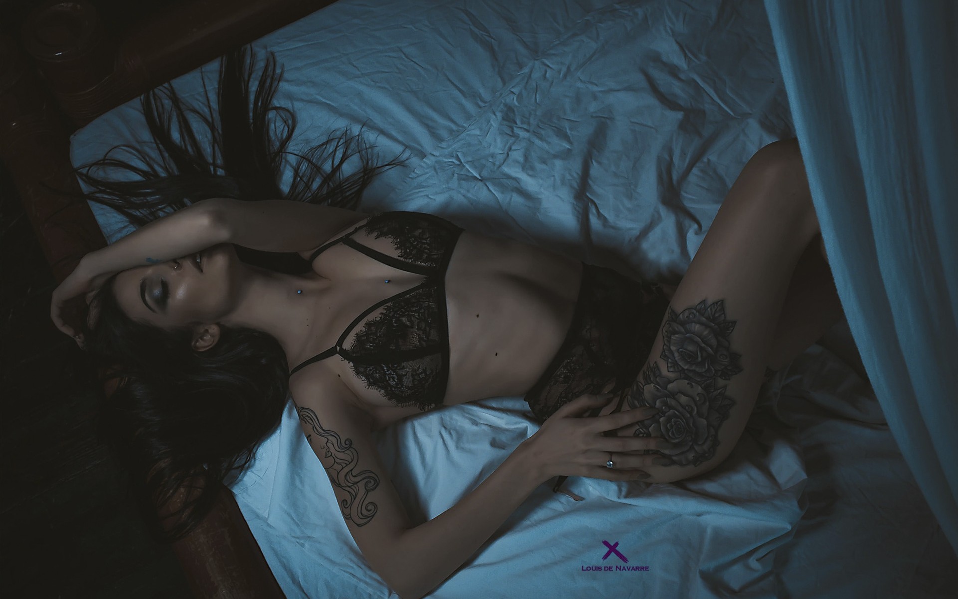 People 1920x1200 women in bed tanned Alla Berger tattoo top view closed eyes belly ribs black lingerie black hair Louis De Navarre low light watermarked