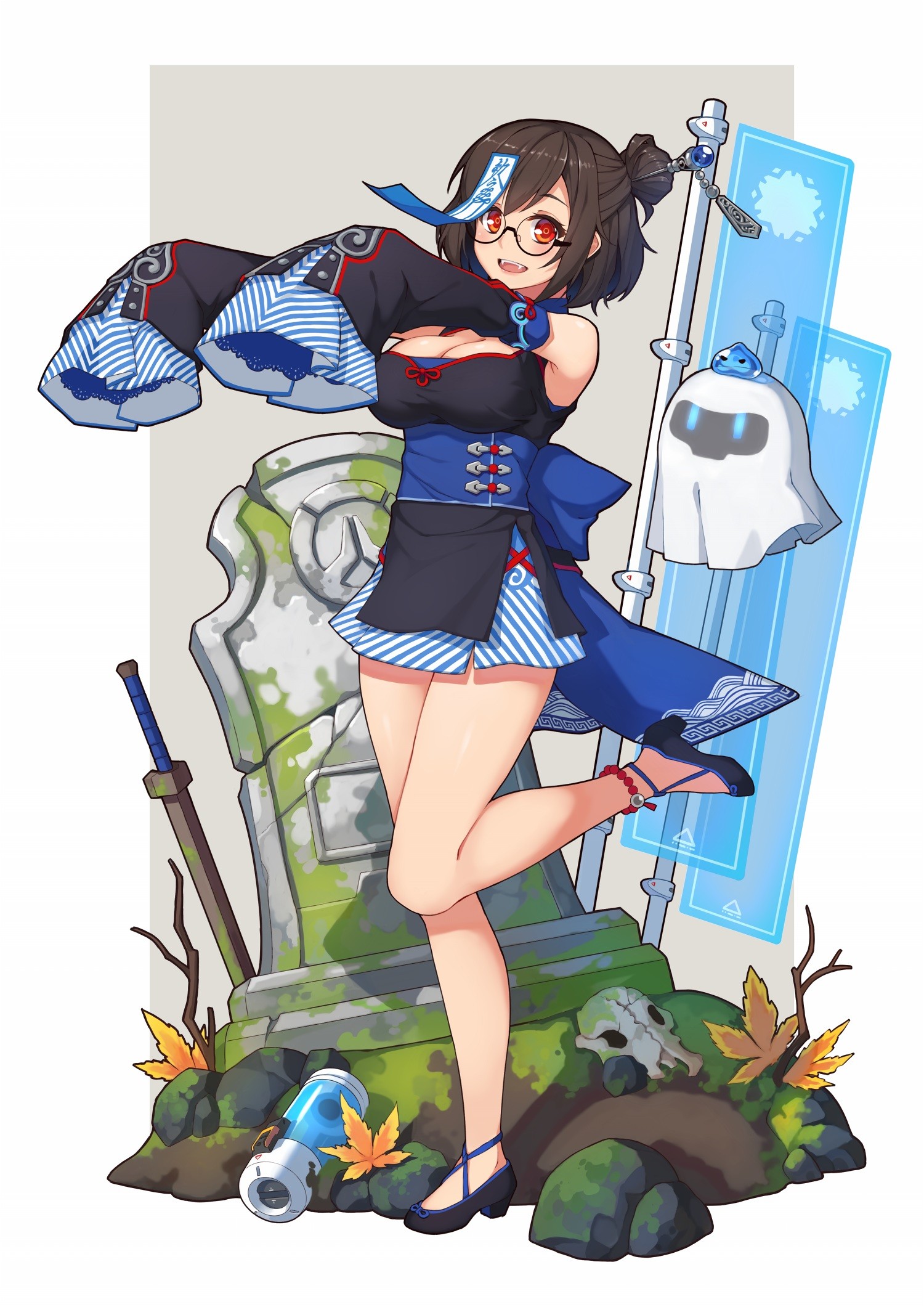 Anime 1500x2121 anime anime girls Overwatch Mei (Overwatch) cleavage heels Japanese clothes weapon short hair brunette red eyes glasses open shirt