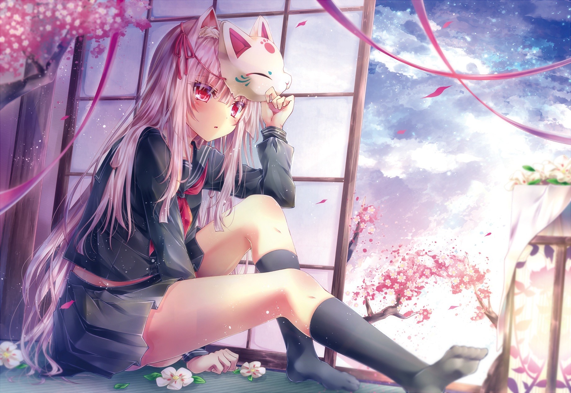 Anime 1840x1266 original characters animal ears cherry blossom flowers mask ribbon school uniform knee-highs sky