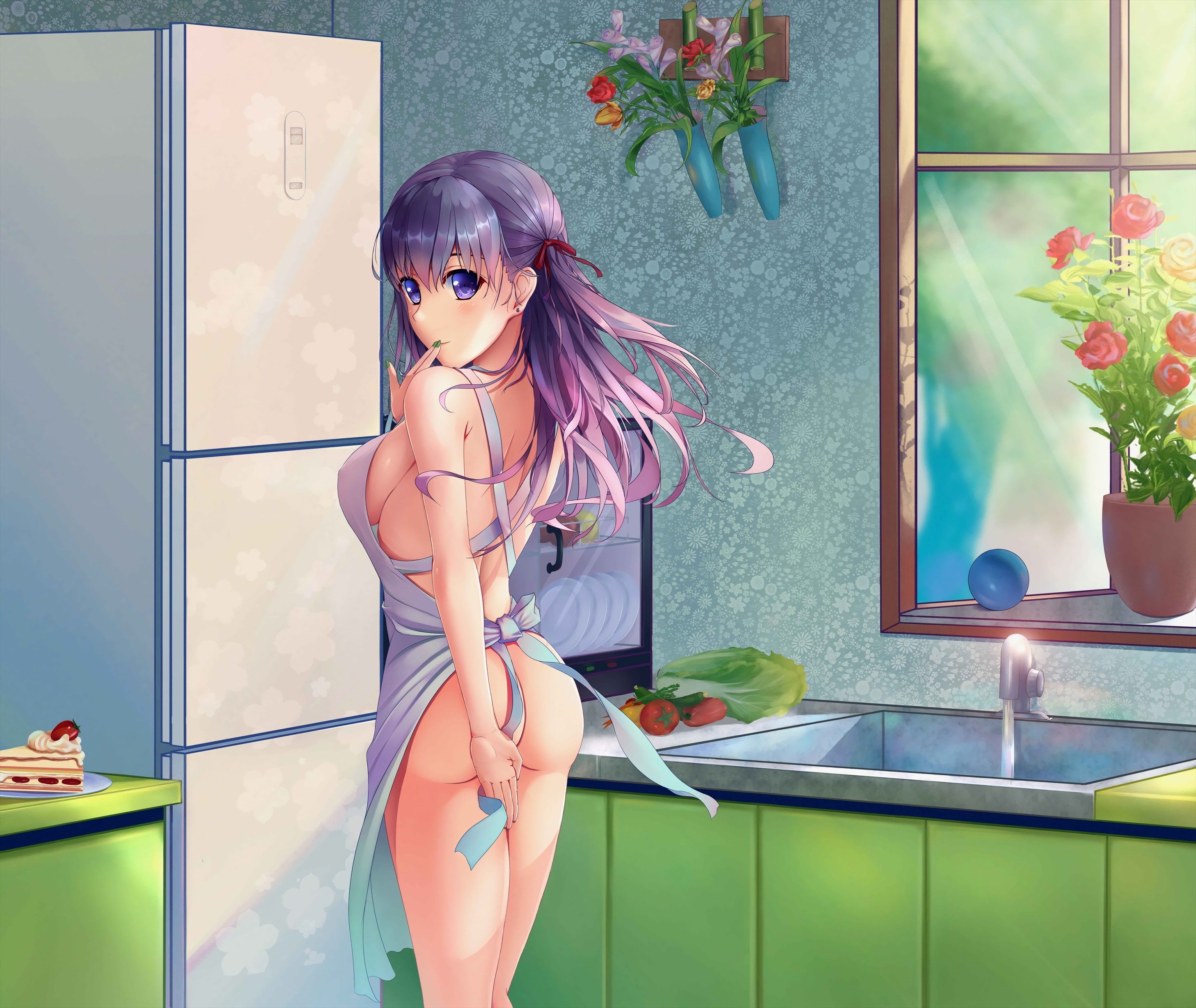 Anime 2914x2456 anime anime girls Matou Sakura Fate/Stay Night ass long hair purple hair purple eyes no bra strategic covering kitchen partially clothed apron naked apron