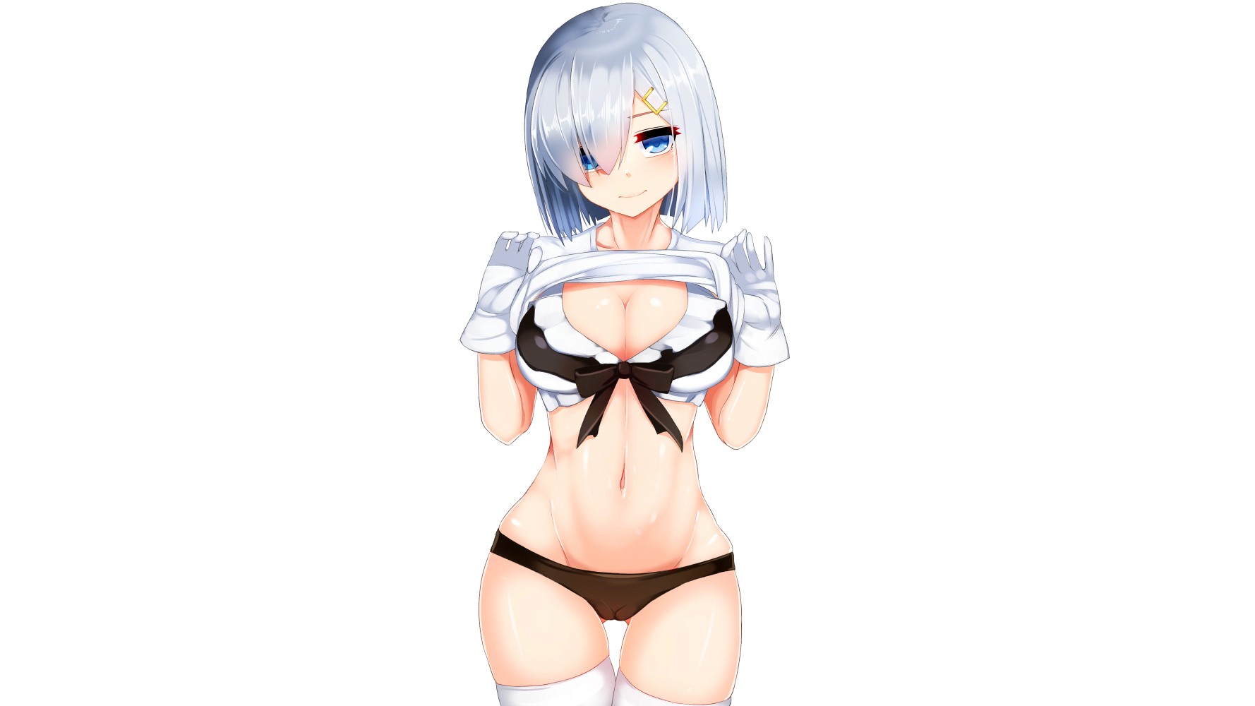 Anime 1778x1000 white background simple background boobs blushing bikini blue eyes cameltoe cleavage gloves Hamakaze (KanColle)  Kantai Collection belly button ribbon white hair the gap hips lifting shirt anime girls butt fangs belly bare midriff bangs blunt bangs thigh-highs