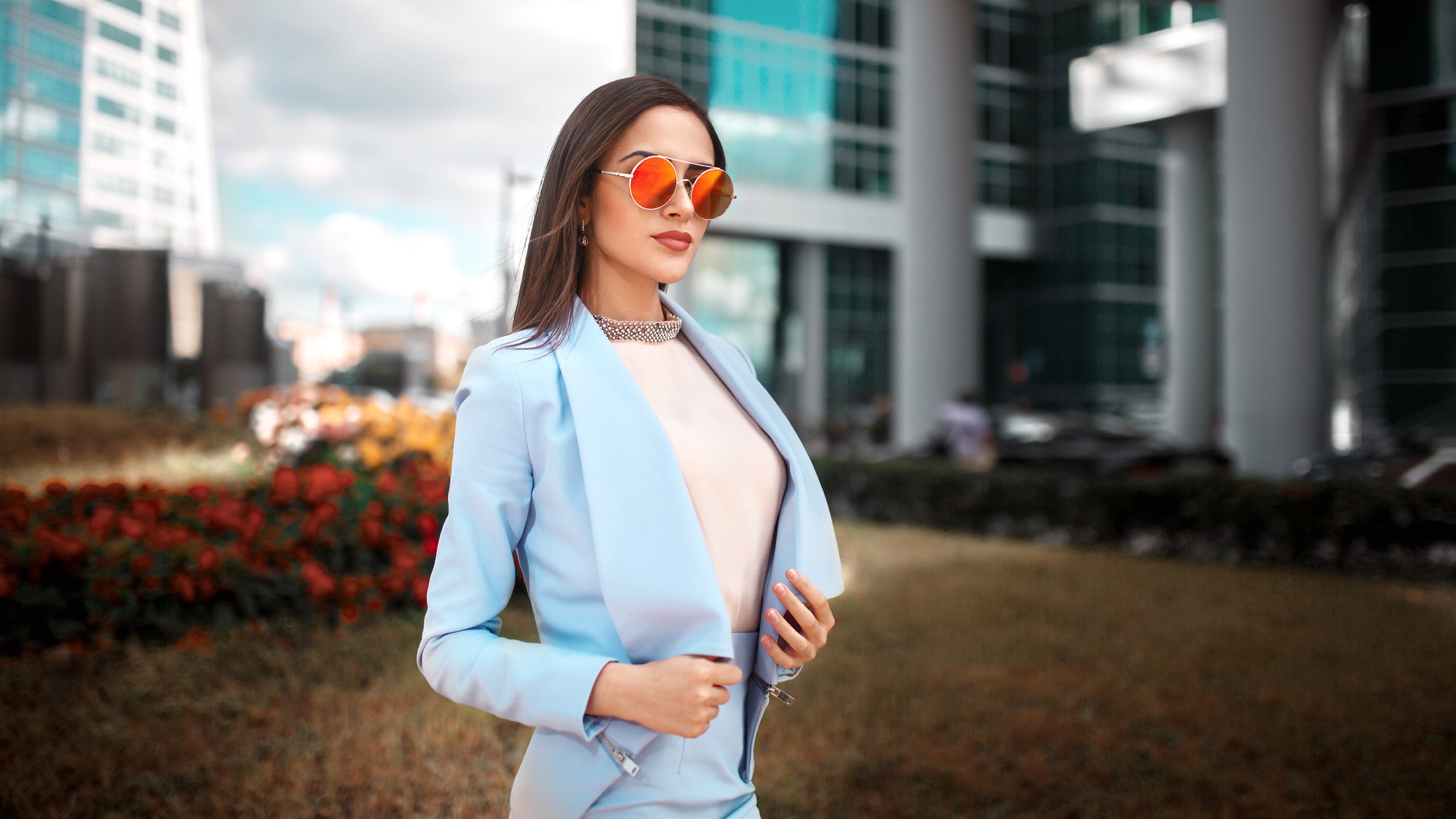 People 2560x1440 women model Kirill Rogozhkin women with shades urban jacket blue jacket