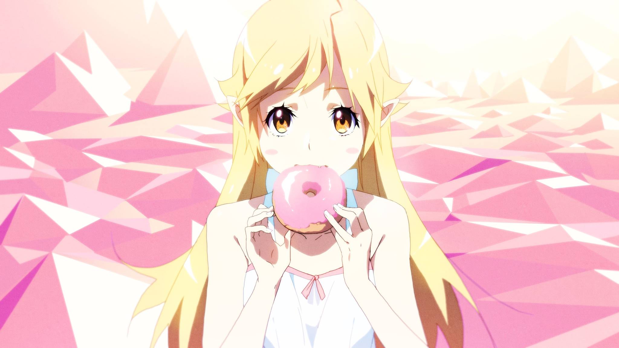 Anime 2048x1152 Monogatari Series Oshino Shinobu donut anime girls blonde pink food anime anime girls eating