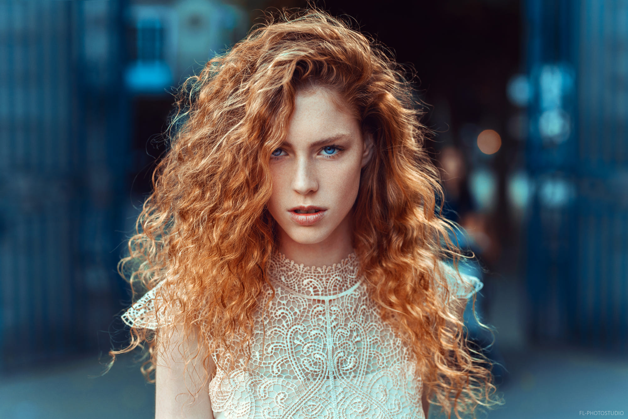 People 2000x1335 women redhead face portrait bokeh long hair curly hair blue eyes freckles dress Lods Franck