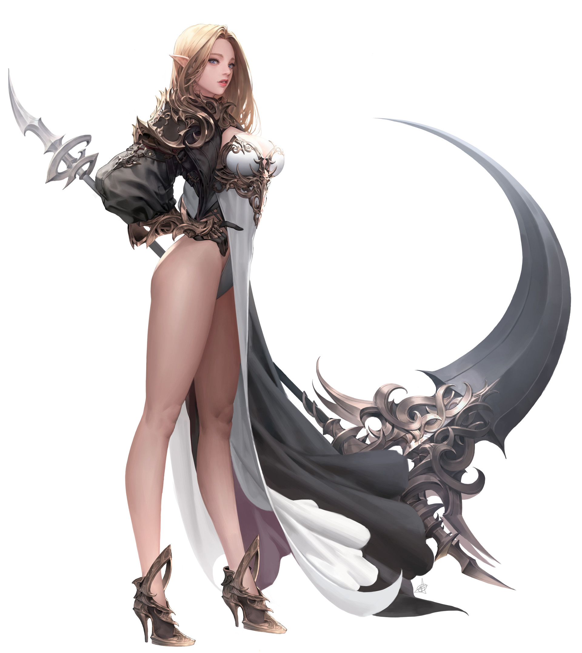 Anime 1920x2154 white background armor cleavage heels leotard pointy ears weapon Daeho Cha