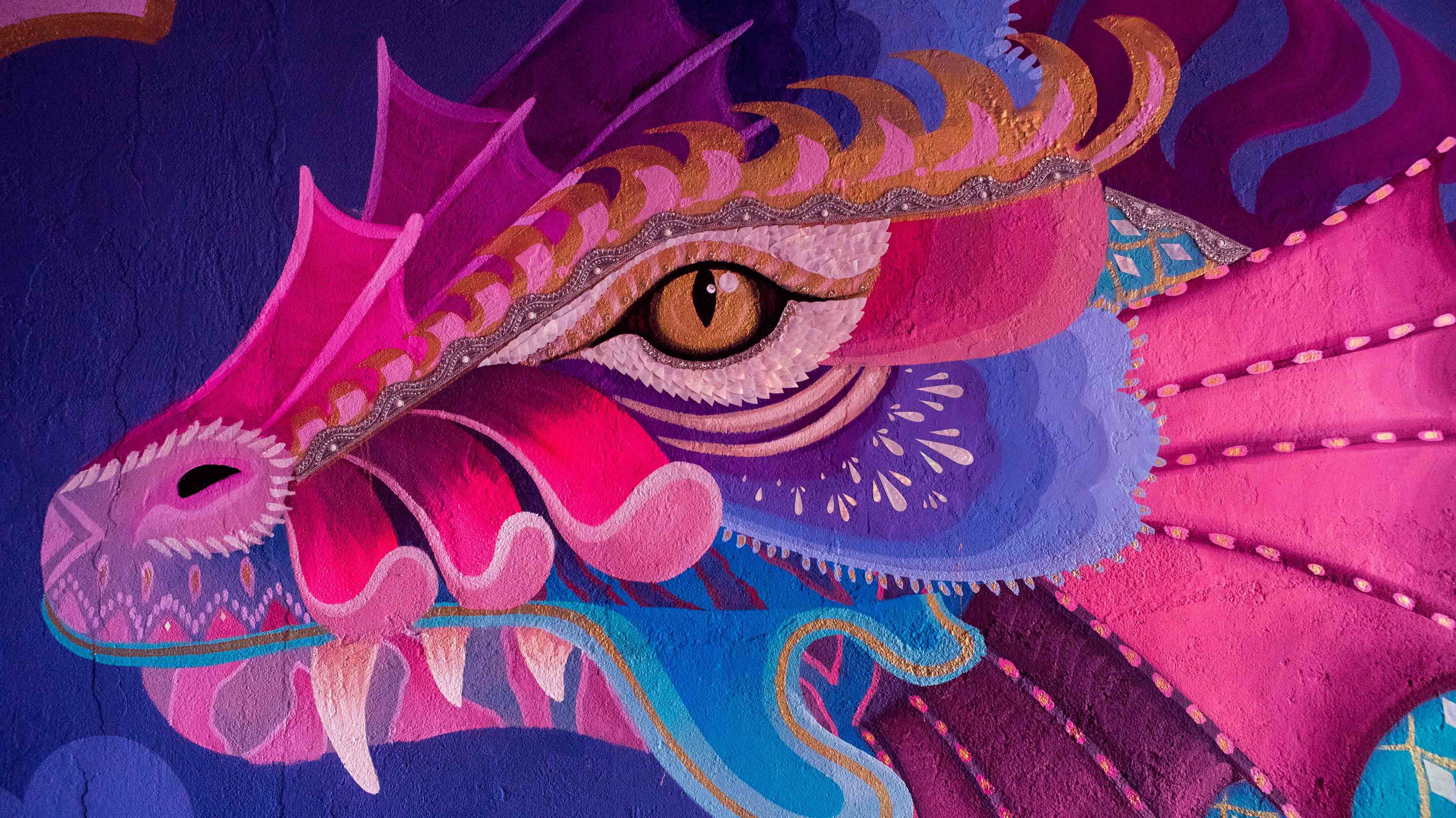 General 4240x2384 dragon artwork mural wall eyes pink purple fangs Chinese dragon