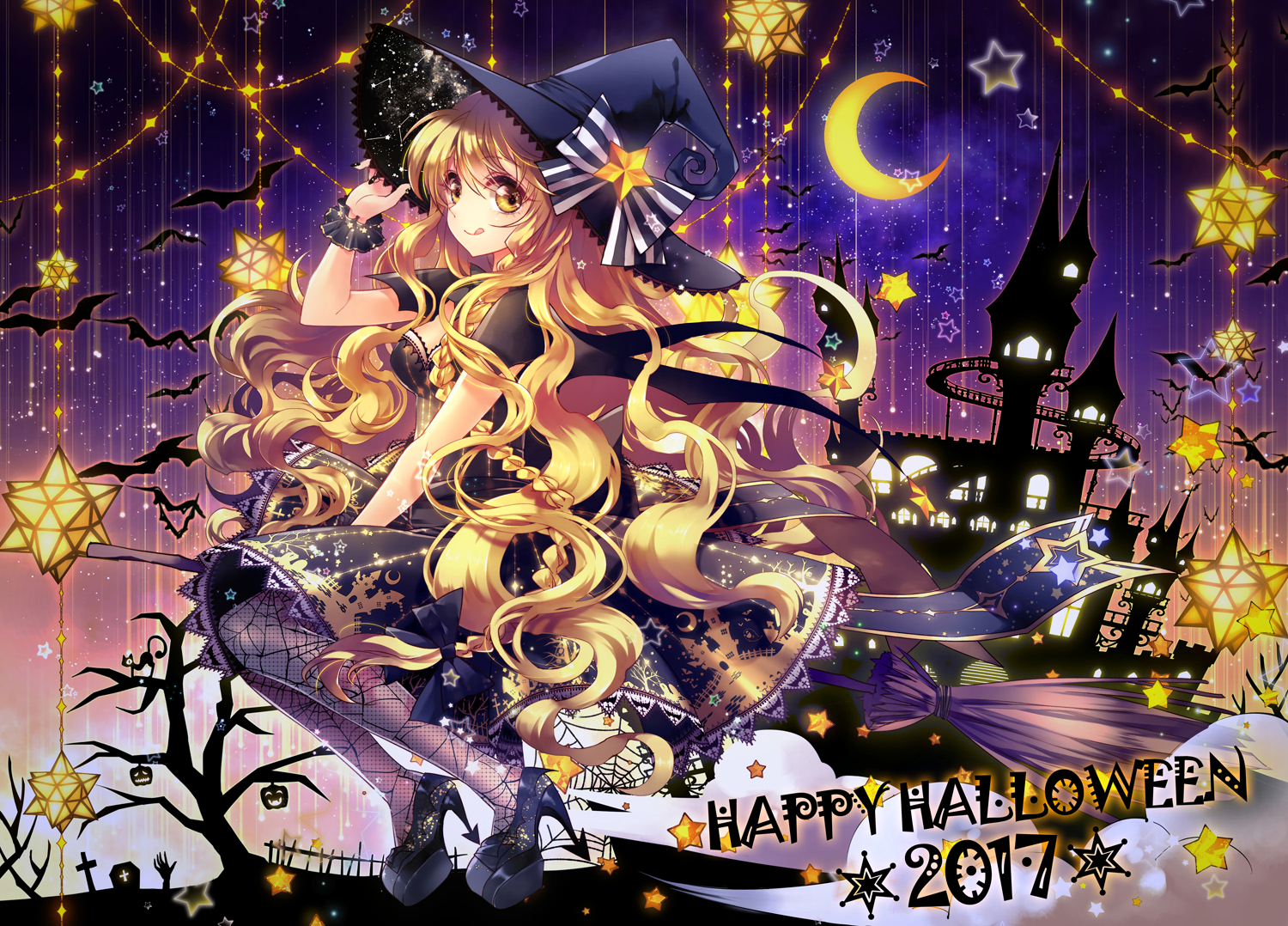 Anime 1500x1078 Halloween witch hat hat witch night animals bats blonde hair bows braids long hair Moon pantyhose silhouette Touhou wristband yellow eyes
