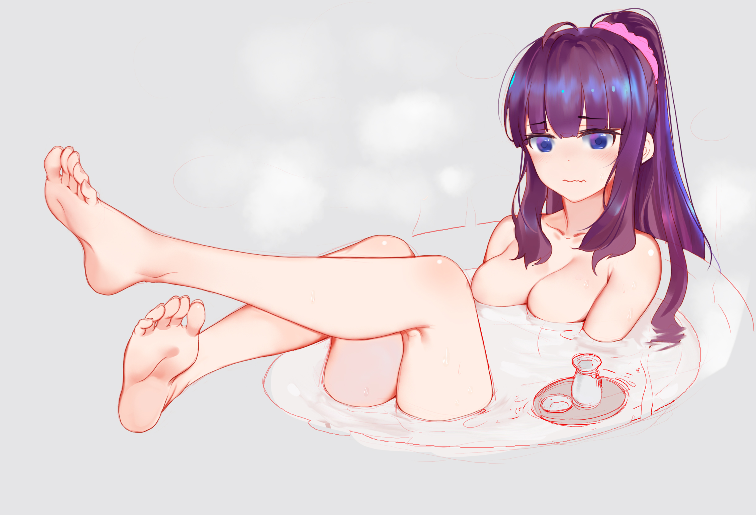 Anime 2444x1664 Hifumi Takimoto New Game!  anime girls cleavage purple eyes barefoot boobs blue eyes purple hair legs up legs simple background feet bathing