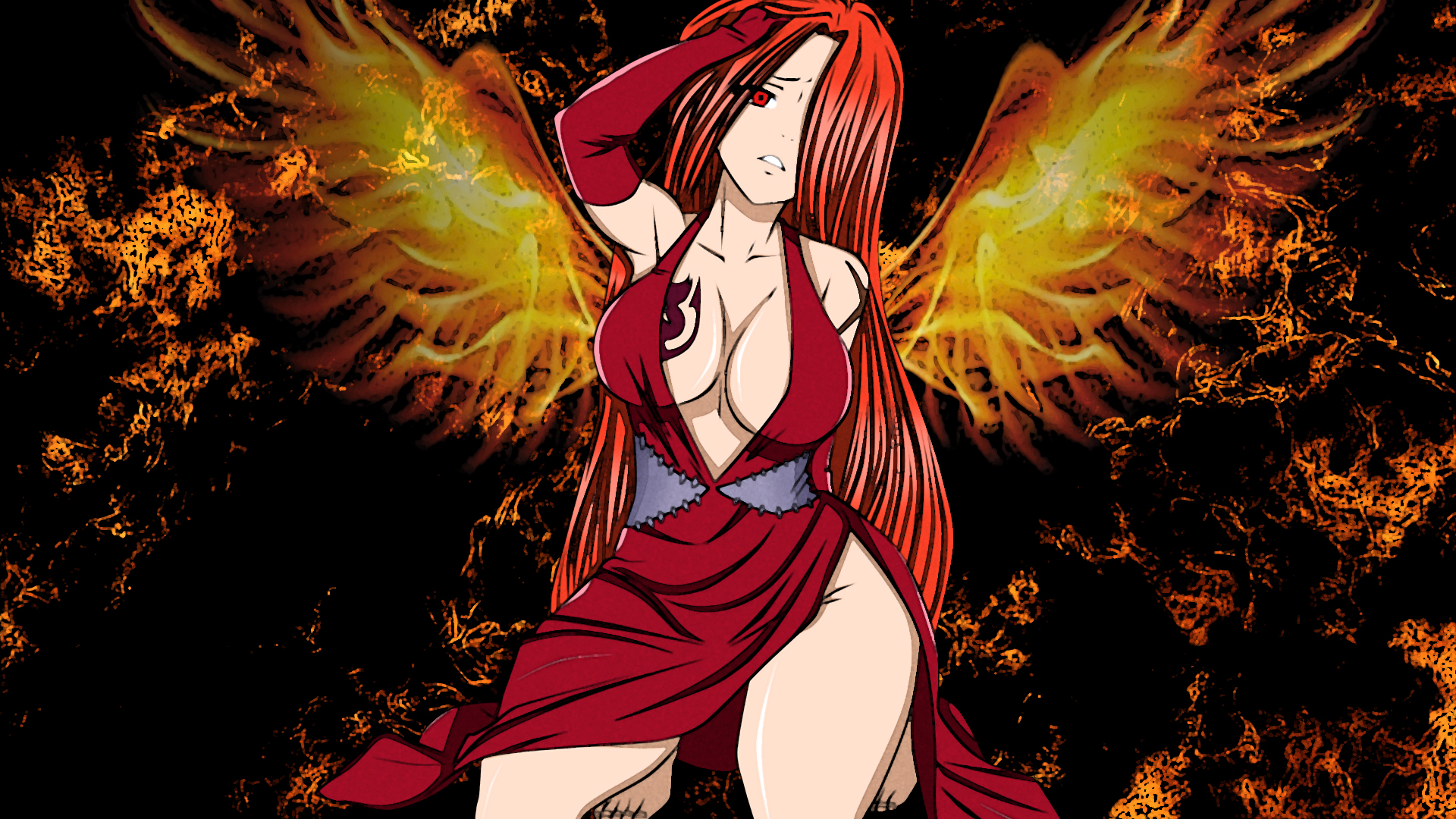 Anime 1920x1080 Fairy Tail anime boobs big boobs redhead red eyes anime girls wings kneeling
