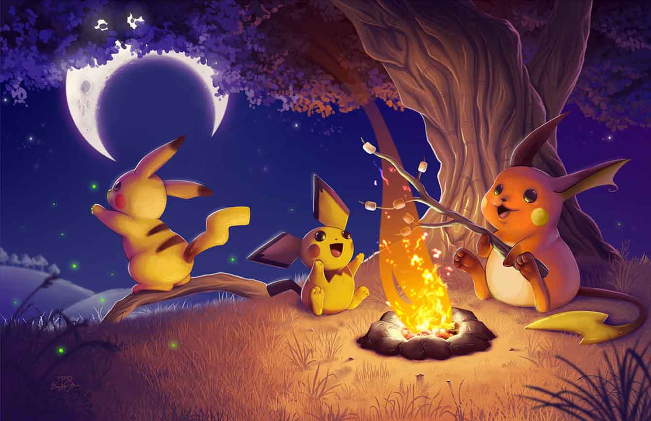 General 1342x868 Pokémon Pikachu Pichu Raichu campfire night video game characters