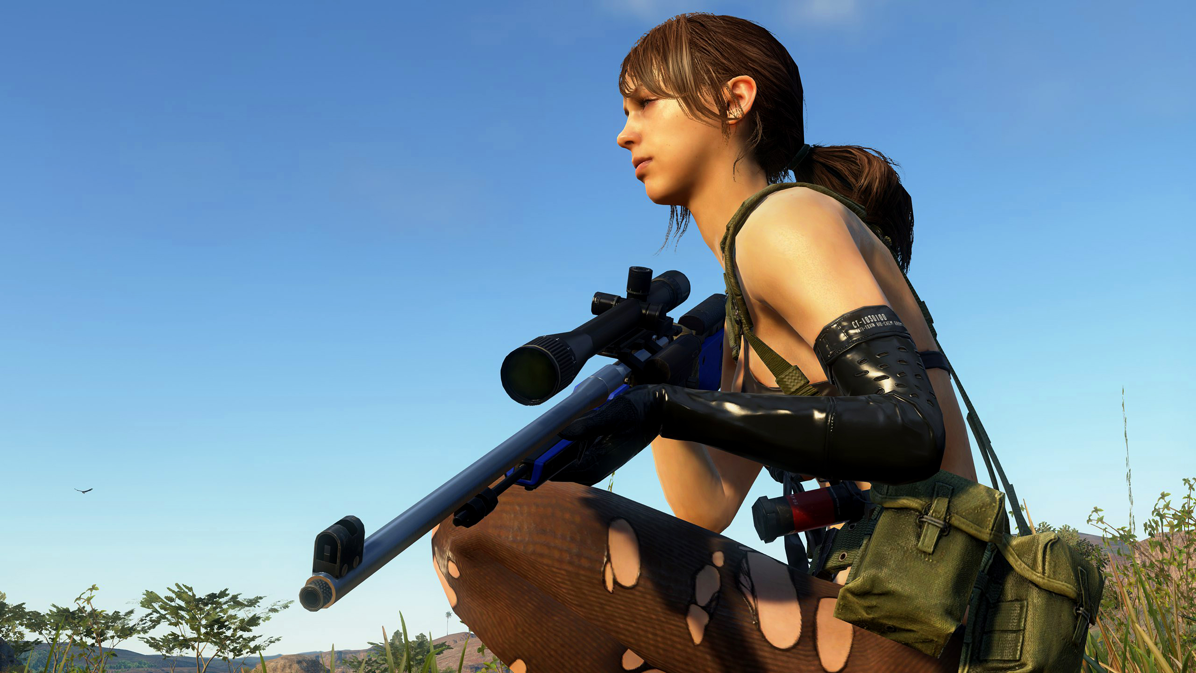 General 3840x2160 Metal Gear Solid V: The Phantom Pain Quiet (metal gear) screen shot low-angle video games video game girls girls with guns rifles sniper rifle torn pantyhose video game characters
