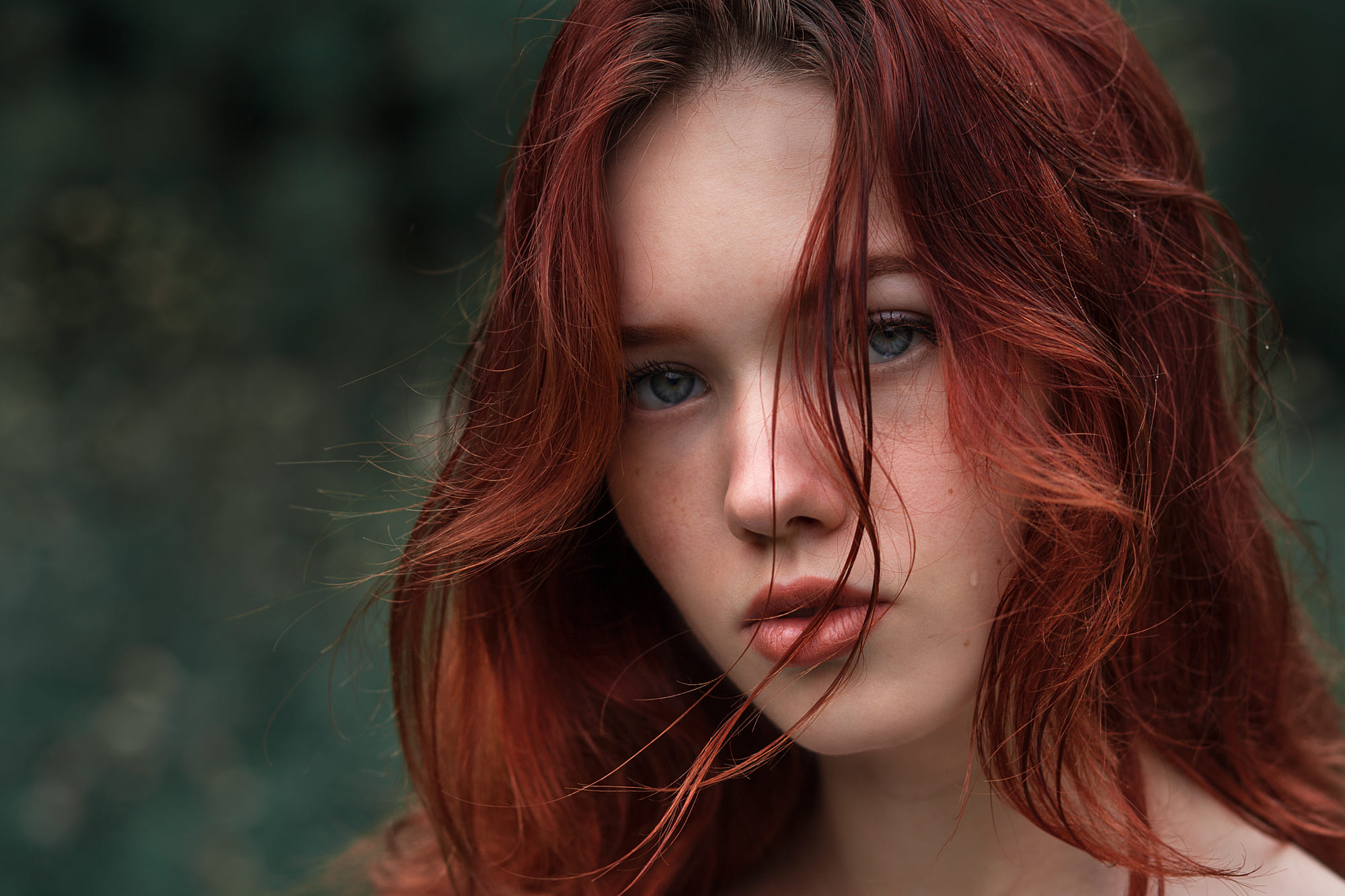 People 2000x1333 women redhead face blue eyes hair in face bokeh portrait women outdoors